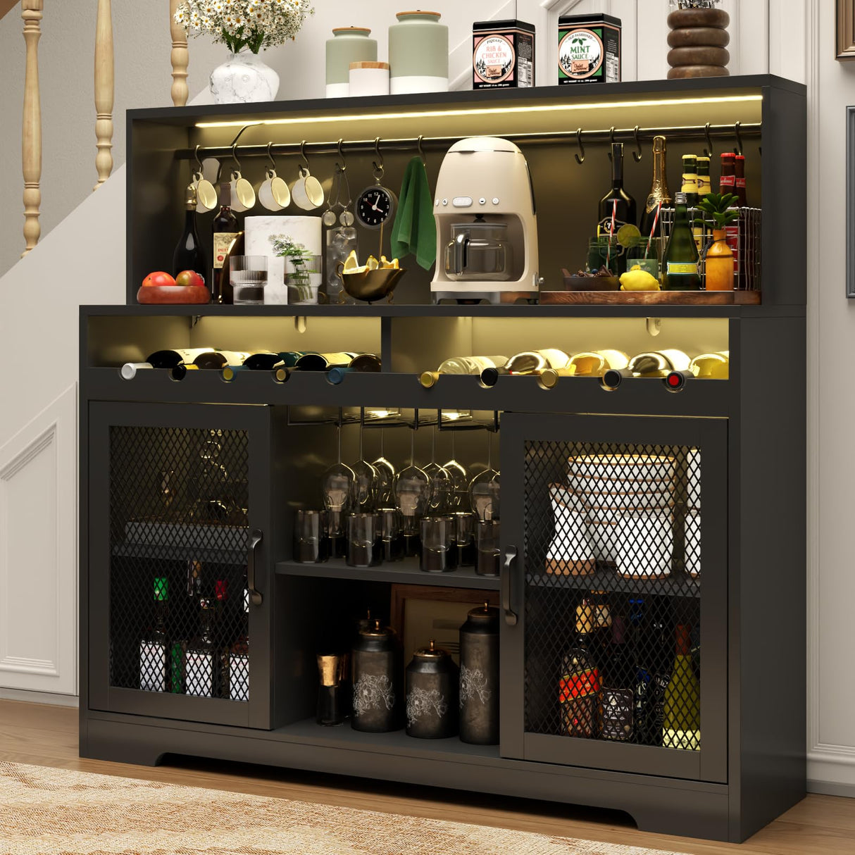 Loomie Wine Bar Cabinet with LED Light, Liquor Cabinet with Glass Holder, Coffee Bar Cabinet for Liquor, Storage Buffet Cabinet with Wine Racks, Wine Cabinet with Mesh Door (Black) Loomie