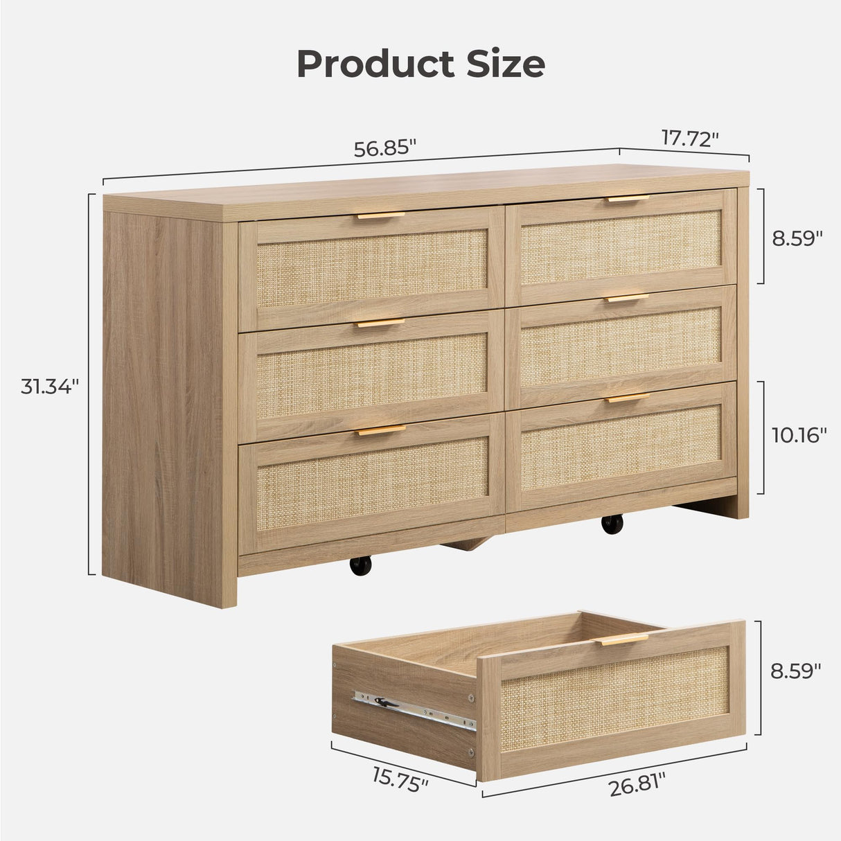 SICOTAS Rattan Dresser for Bedroom, 57" Wide 6 Drawer Dresser with Ample Storage, Dressers Large Chest of Drawers, Closet, Boho TV Stand for Bedroom (Reclaimed Light Oak, 1 Piece) SICOTAS