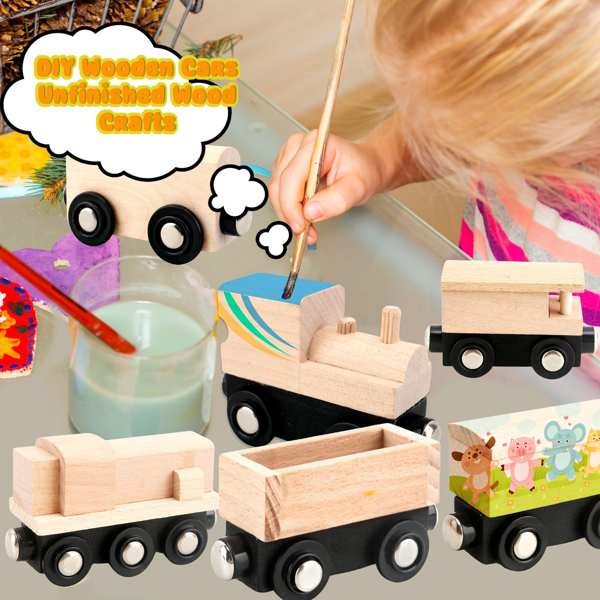 Hoarost 18 Pack Unfinished Wooden Cars Unpainted Magnetic Wood DIY Crafts Trains Car for DIY Craft Activities Birthday Gift (Color Set 2) Hoarost