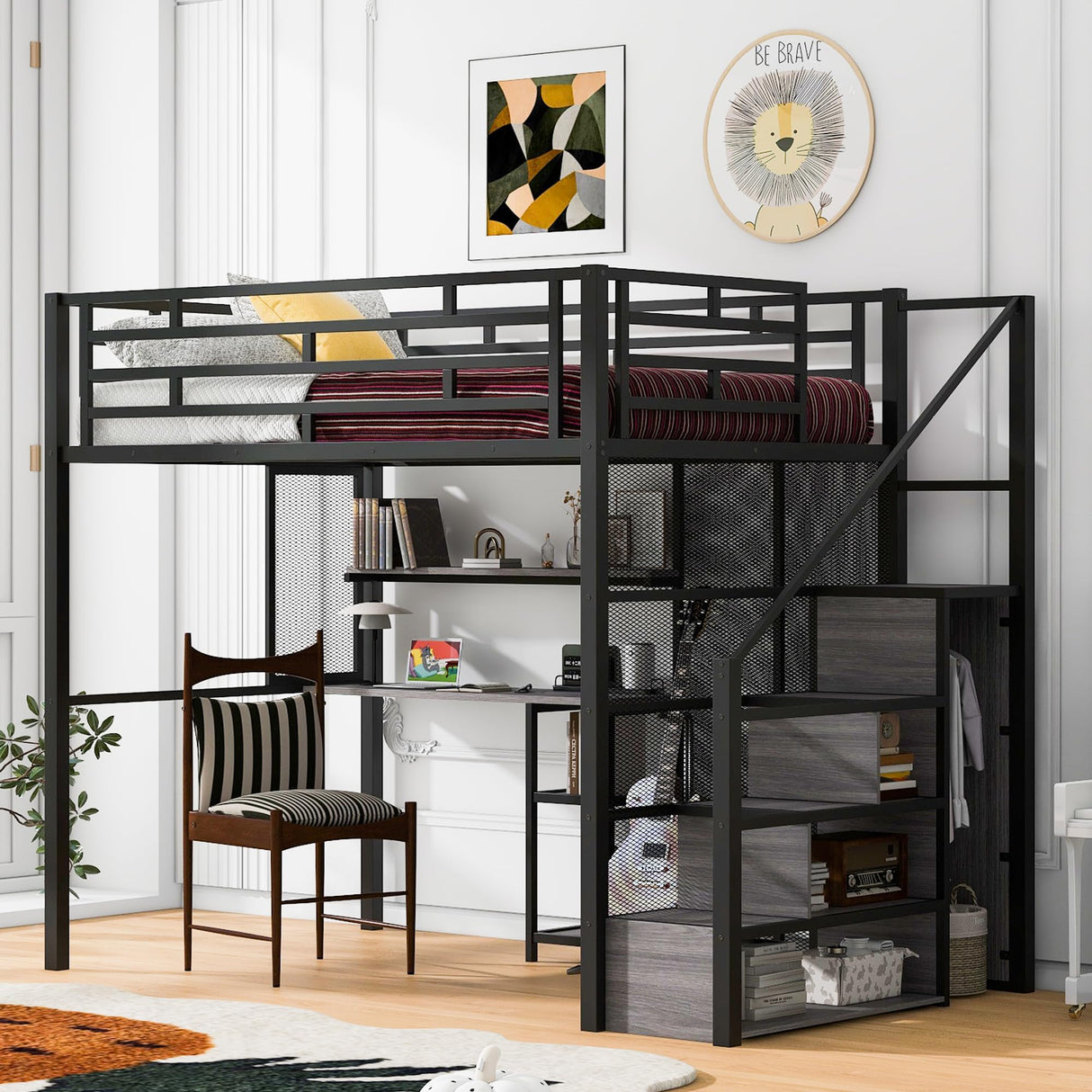 Harper & Bright Designs Full Size Loft Bed with Stairs & Desk, Metal Frame with Storage Shelves and Wardrobe, Heavy-Duty for Adults, Teens and Kids, Black Harper & Bright Designs