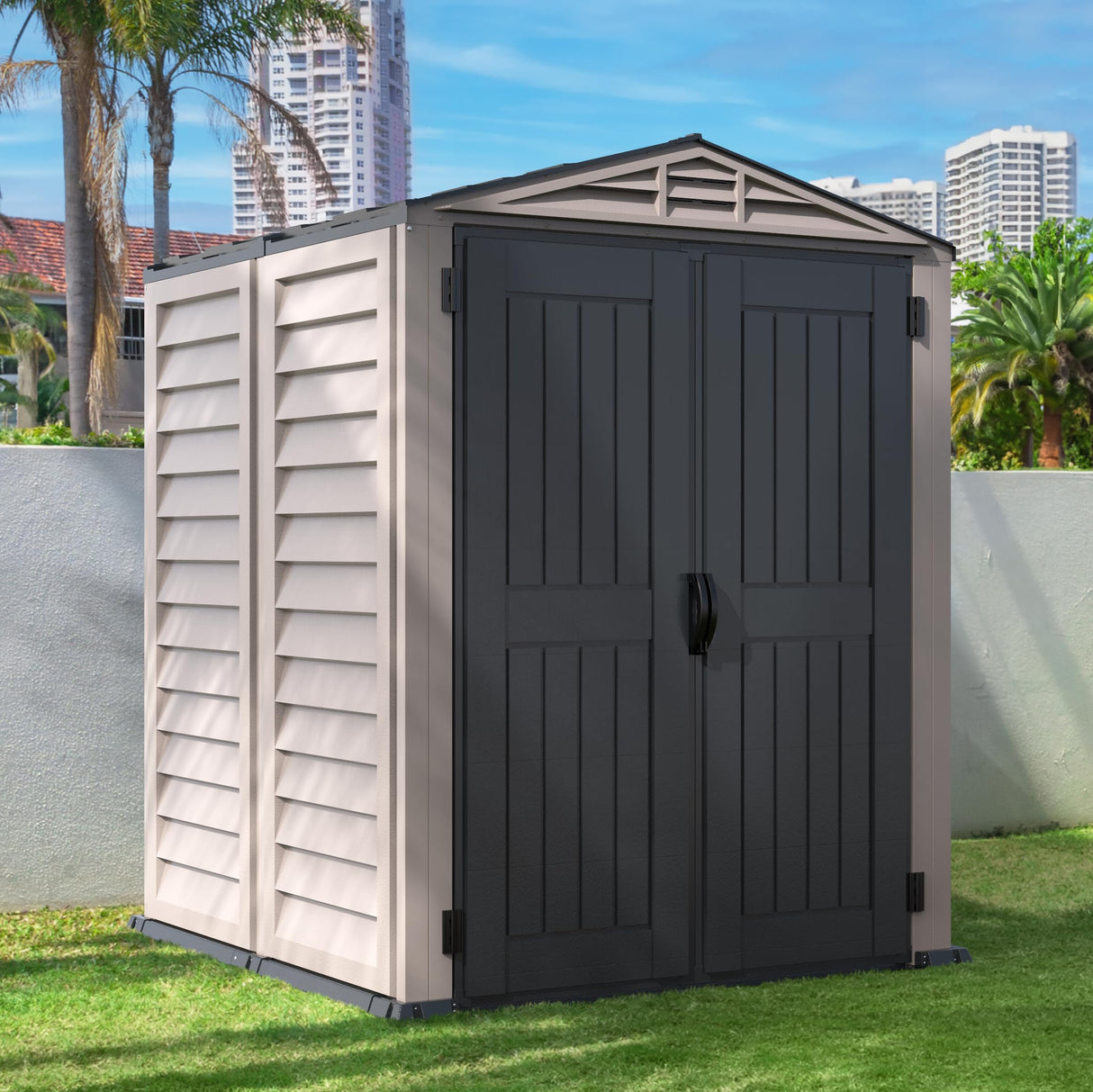 Duramax YardMate 5' x 5' Plus Plastic Garden Shed with Plastic Floor - Anthracite & Adobe - 15 Years Warranty DURAMAX