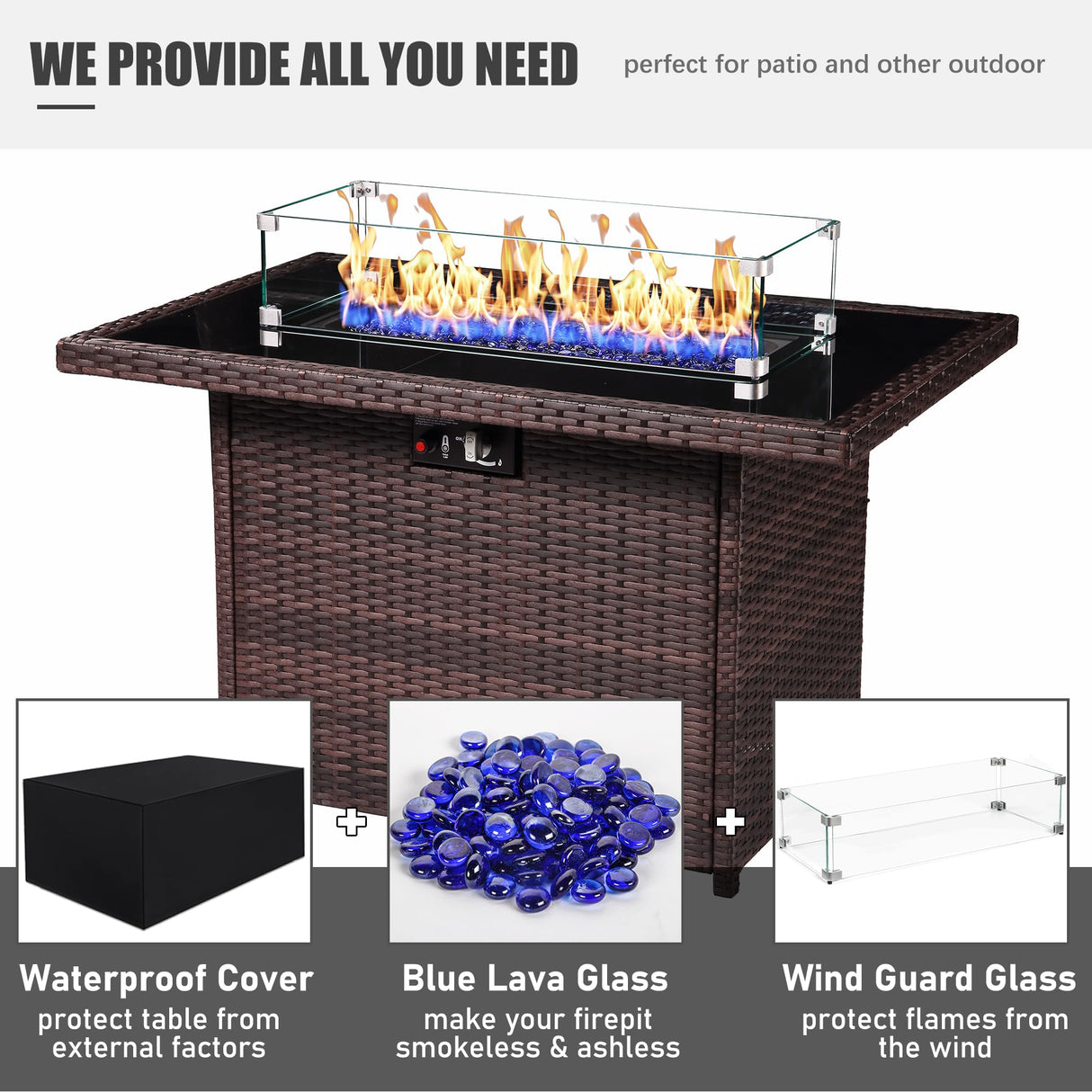 LayinSun 7 Pieces Outdoor Patio Furniture Set with Fire Pit Table, Rattan Wicker Swivel Rocker Chairs Sets with Swivel Glider Chairs and Coffee Table LayinSun