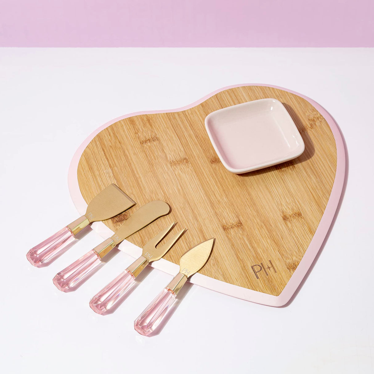Paris Hilton Charcuterie Board and Serving Set, Bamboo Serving Board, Ceramic Dish, Cheese Utensils with Titanium Coated Blades, 6-Piece Set, Pink Paris Hilton