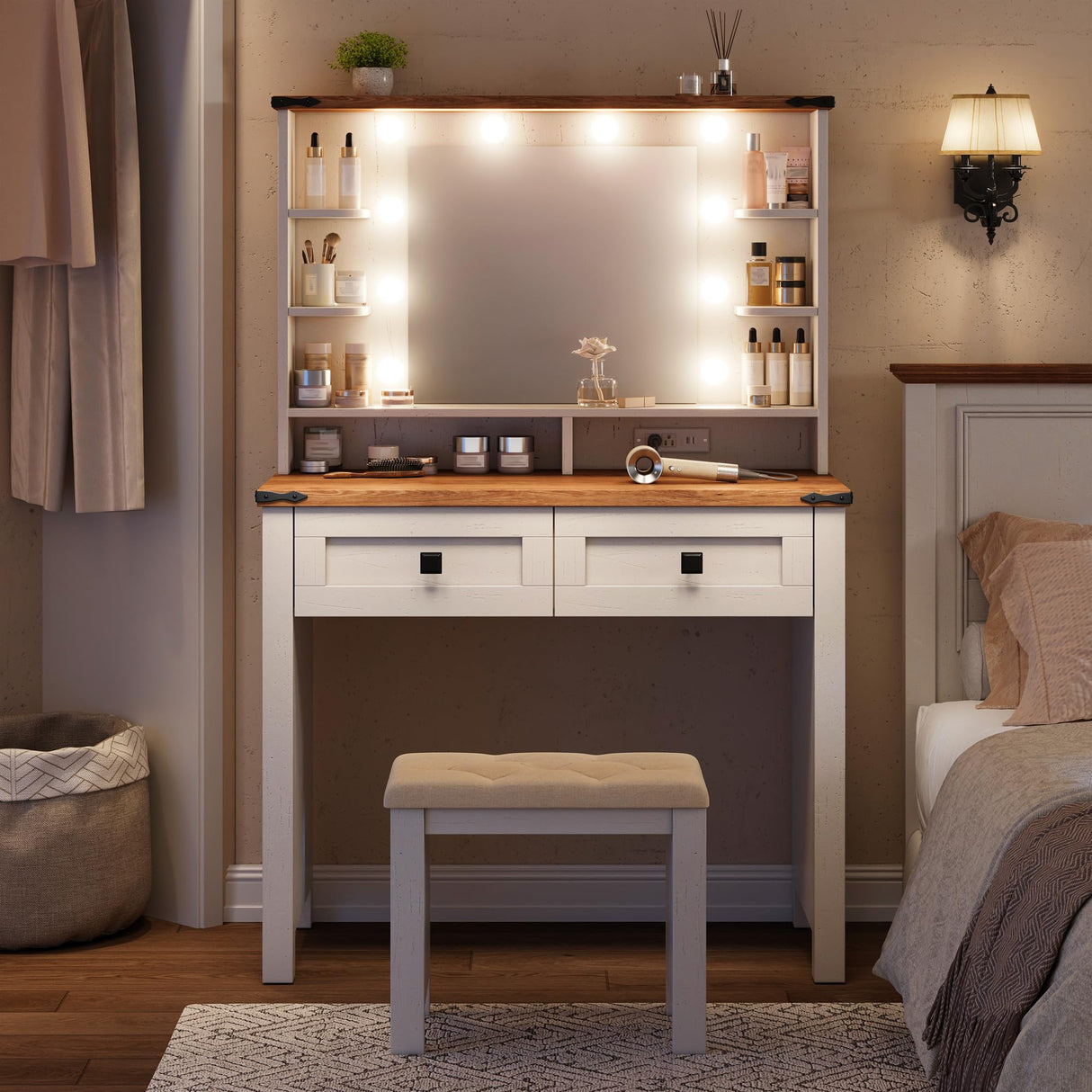 EnHomee Vanity Desk with Mirror and Lights 31.5" W Farmhouse Makeup Vanity Desk with Charging Station Vanity Table with 2 Drawers & Shelves 3 Color Modes Adjustable, Stool Not Included, Antique White EnHomee