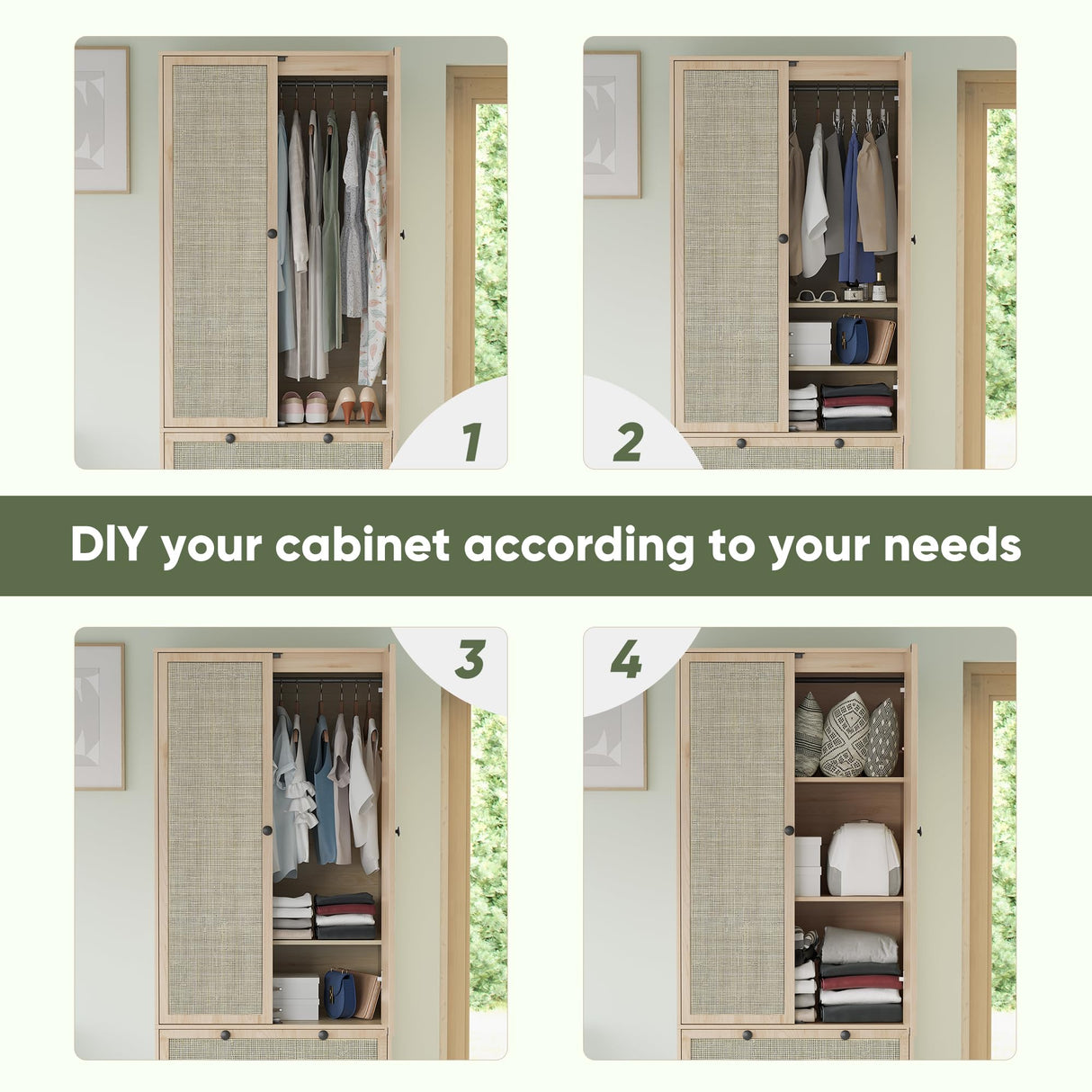 Yechen Natural Rattan Armoire Storage Cabinet, 74" Tall Armoire Closet with Doors, Adjustable Shelves and Drawers, Large Wooden Armoire Wardrobe with 2 Hanging Rods for Bedroom Utility Pantry Yechen