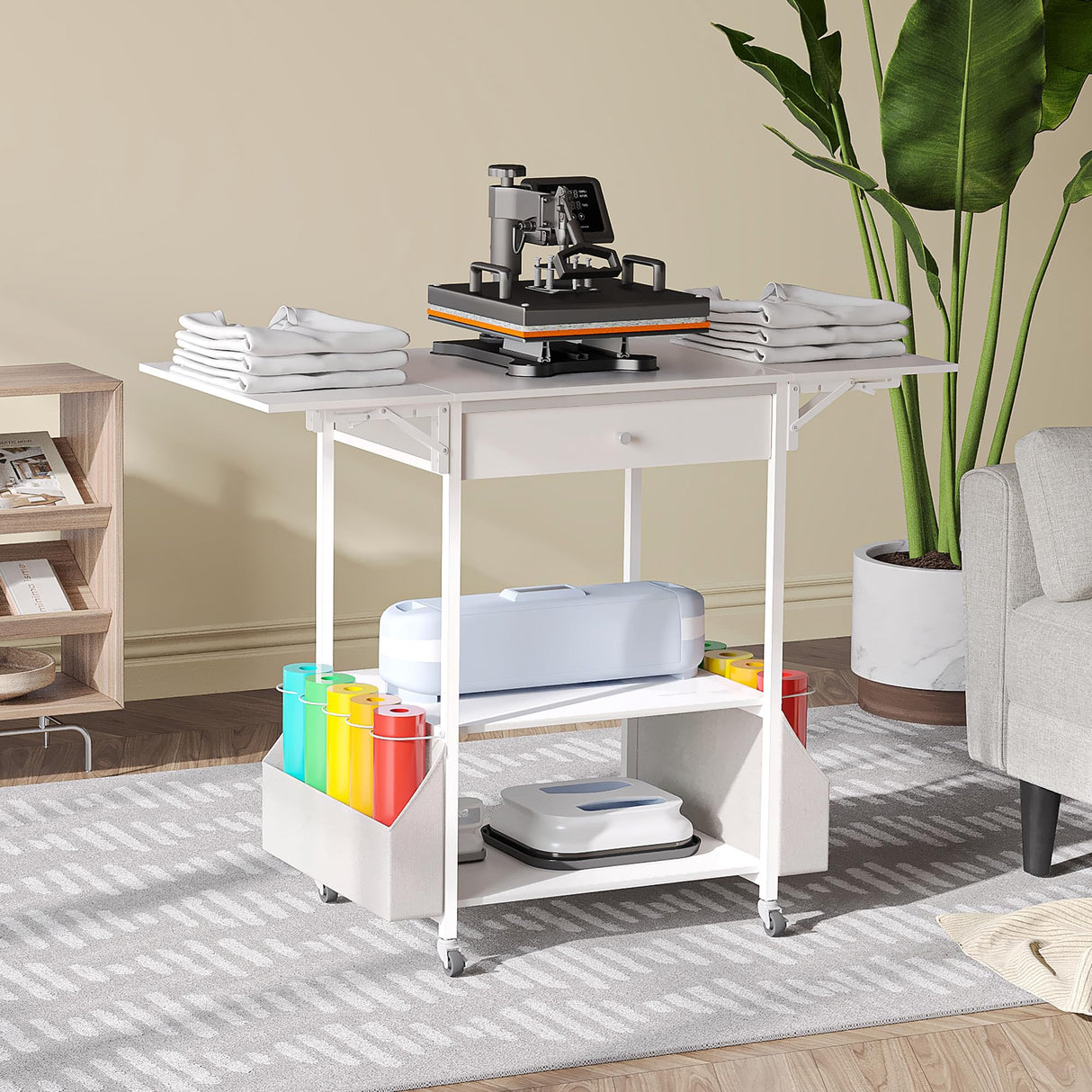 𝐂𝐫𝐚𝐟𝐢𝐭 Foldable Heat Press Table—Hold 36 Vinyl Rolls, Movable Heat Press Stand Cart with Storage Bag, Collapsible Heavy Duty Workbench for Sublimation, T-Shirts and Caps Heat Transfer Project Crafit