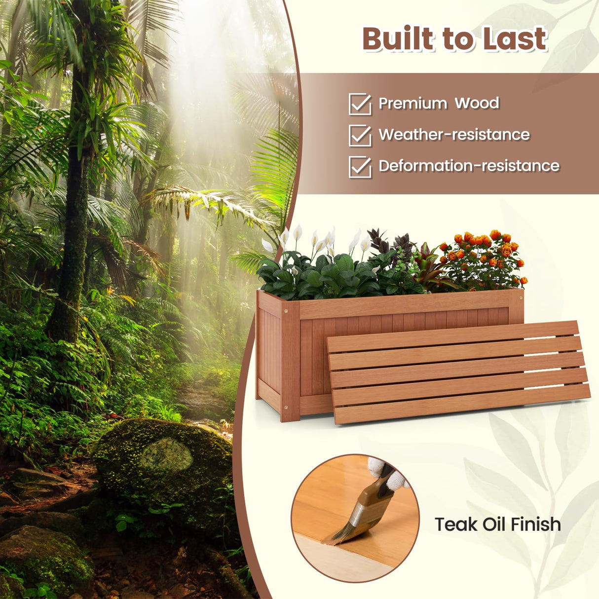 Giantex 2-in-1 Outdoor Bench, Wood Raised Garden Bed with Open Base, Teak Oil Finish, Rectangular Deep Planter Boxes for Flowers Fruit Vegetable, Bench Seat for Porch Yard Balcony Lawn Giantex