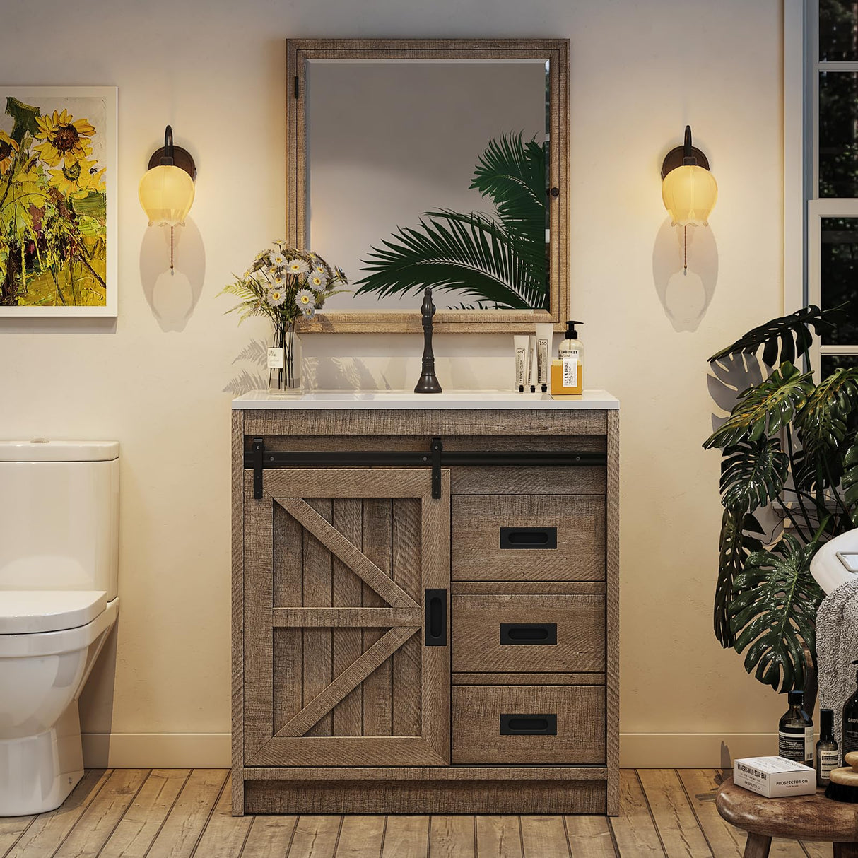 LUXOAK 31" Farmhouse Sliding Barn Door Bathroom Vanity with Sink Combo, Bathroom Vanity Cabinet with Drawers & Metal Handles, Freestanding, Gray LUXOAK