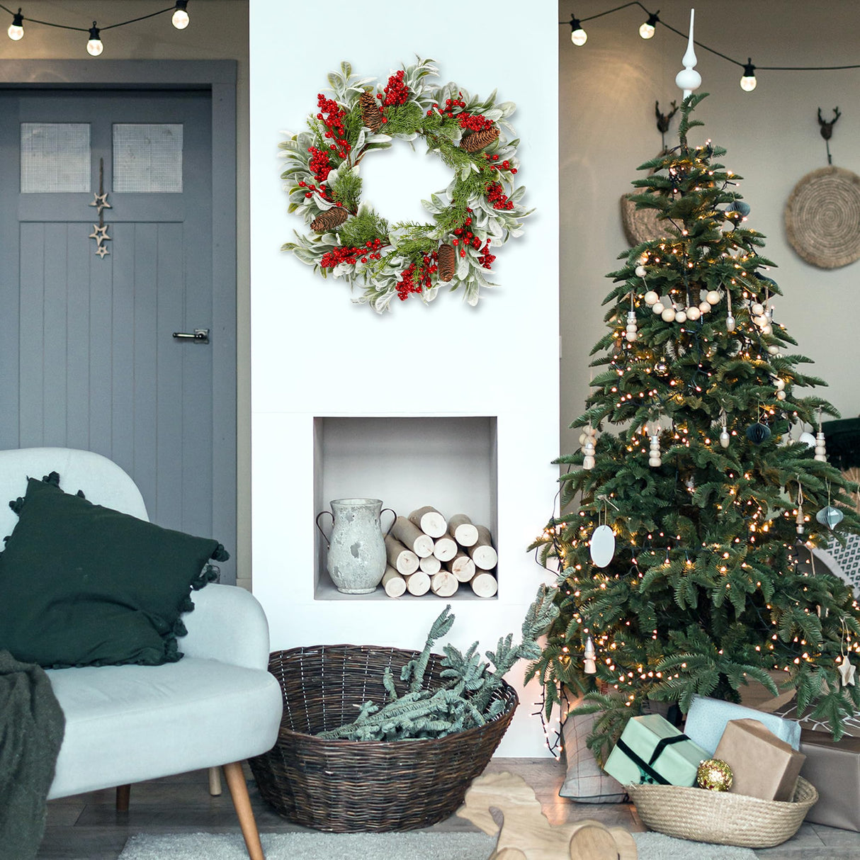 Sggvecsy 19 Inch Artificial Christmas Wreath for Front Door Flocked Lambs Ear Wreath with Red Berries Pine Needles Pinecones Christmas Decorations for Wall Outdoor Home Holiday Xmas Decor Sggvecsy