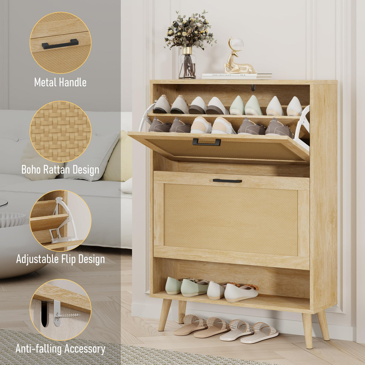 Gadroad Shoe Storage Cabinet with 2 Flip Drawers, Freestanding Hidden Shoe Organizer with Wood Legs, Farmhouse Narrow Shoe Rack for Entryway, Living Room, and Bedroom (Natural) Gadroad