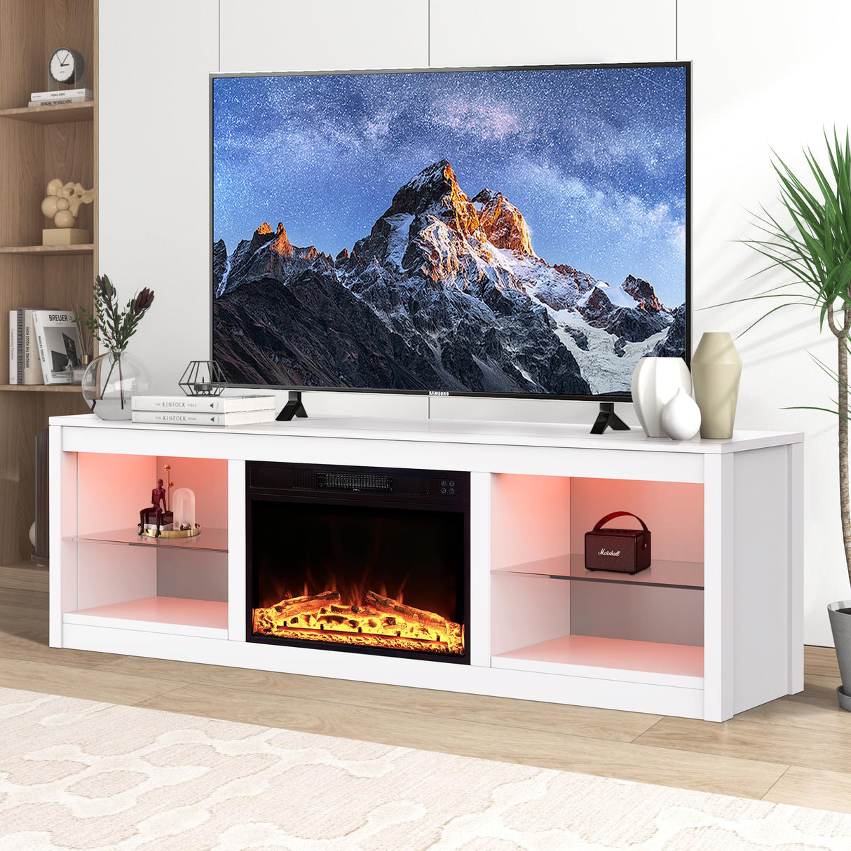 COMEFFIE 66 inch Electric Fireplace TV Stand up to 75'' TV-Entertainment Center with 24'' Fireplace and Led Light-TV Console with Adjustable Glass Shelves, Remote Control (Black with Fireplace) COMEFFIE