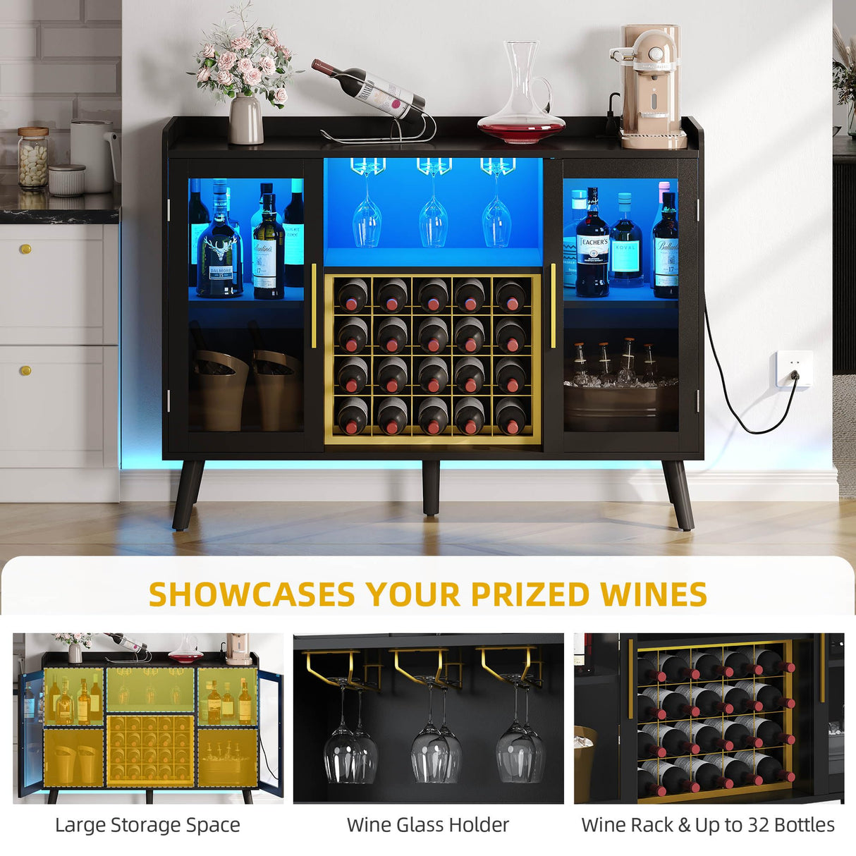 DWVO Wine Bar Cabinet with Led Lights & Power Outlets, 53" Coffee Bar Cabinet for Liquor and Glasses, Modern Buffet Sideboard with Storage Cabinet for Kitchen, Dining & Living Room, Black DWVO