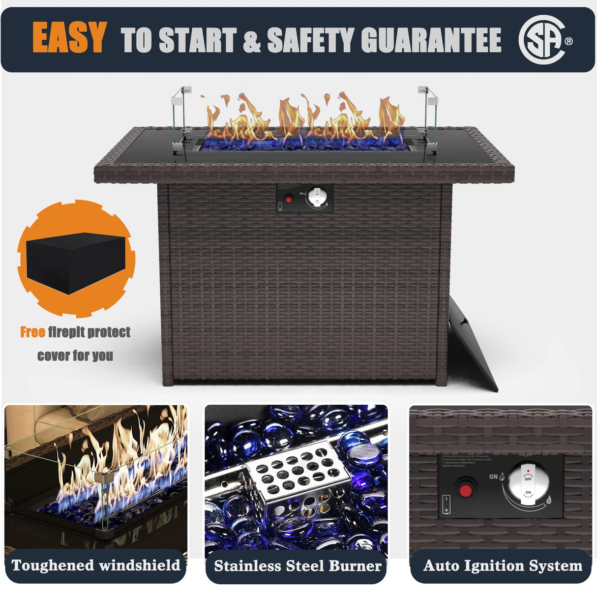 KHOLH 13 Pieces Patio Furniture Conversation Sofa Set with 44" Propane Gas Fire Pit Table, Outdoor Sectional Rattan Wicker Sofa Set KHOLH