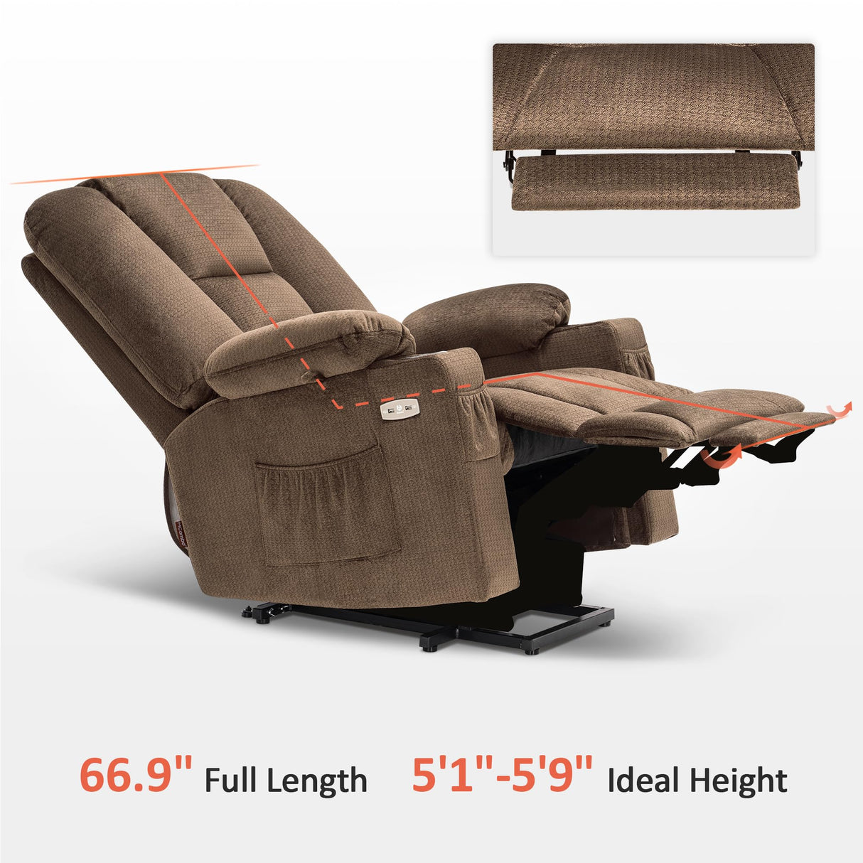 MCombo Large Power Lift Recliner Chair Sofa with Massage and Heat for Big and Tall Elderly People, 3 Positions, Cup Holders, and USB Ports, Fabric 7549 (Large, Brown) MCombo