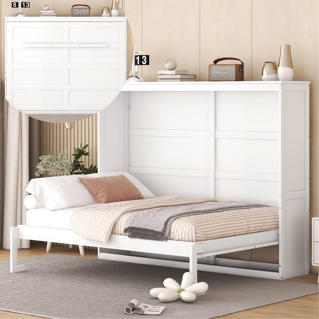 Merax Modern Farmhouse Solid Wood Murphy Bed Chest/Space Saving/Wood Slat Support/Full,White Merax