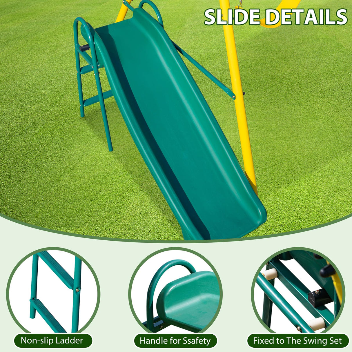 Swing Sets for Backyard, 5 in 1 Heavy-Duty Metal Swing Stand with Belt Swing, Glider, Trapeze Bar, Slide, A-Frame Outside Swing Set for Boy Girl Gift, Holds Up to 550lbs Aura Outdoor