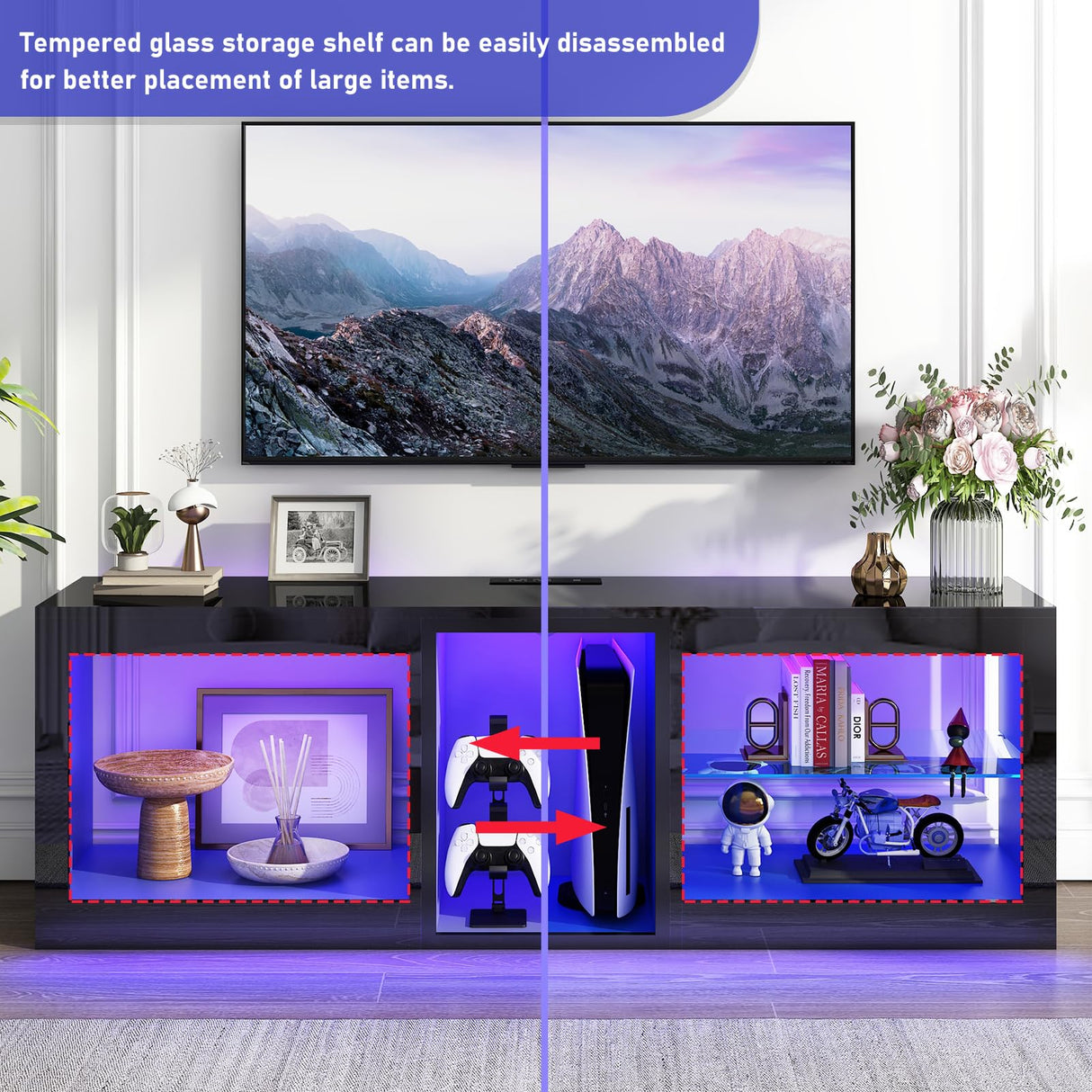 chartustriable LED TV Stands W/Power Outlet for 50 55 60 65 70Inch TV,Black Entertainment Center W/70000-Colors Lights,High Gloss LED TV Console w/Adjustable Glass Shelves for Living Room Gameroom chartustriable