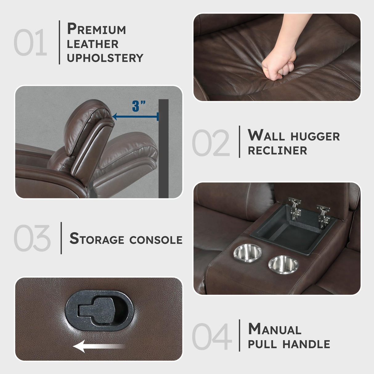 Lexicon Manual Double Reclining Loveseat with Center Console, Top Grain Leather Match Wall Hugger Recliner Loveseat, Storage, Cup Holders, High Density Foam Over Pocket Coils, for Living Room, Brown Lexicon