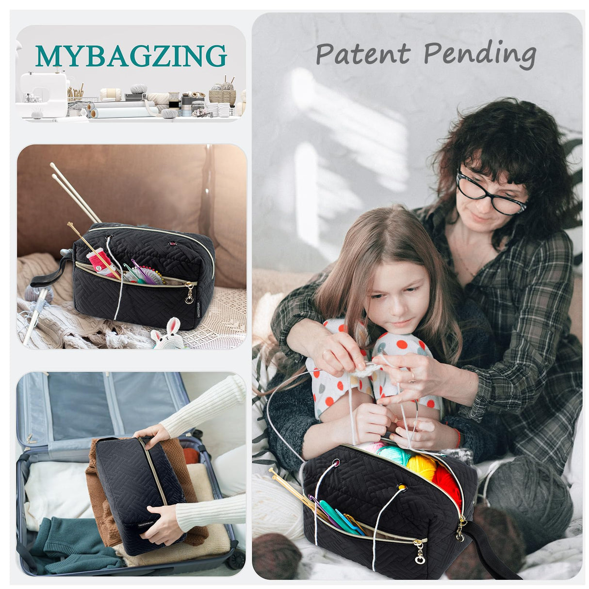 MYBAGZING Small Crochet Bag Organizer - Knitting Yarn Storage for Crocheting Holder Accessories, Needles, Hooks, Gifts, Black, (AM370) MYBAGZING