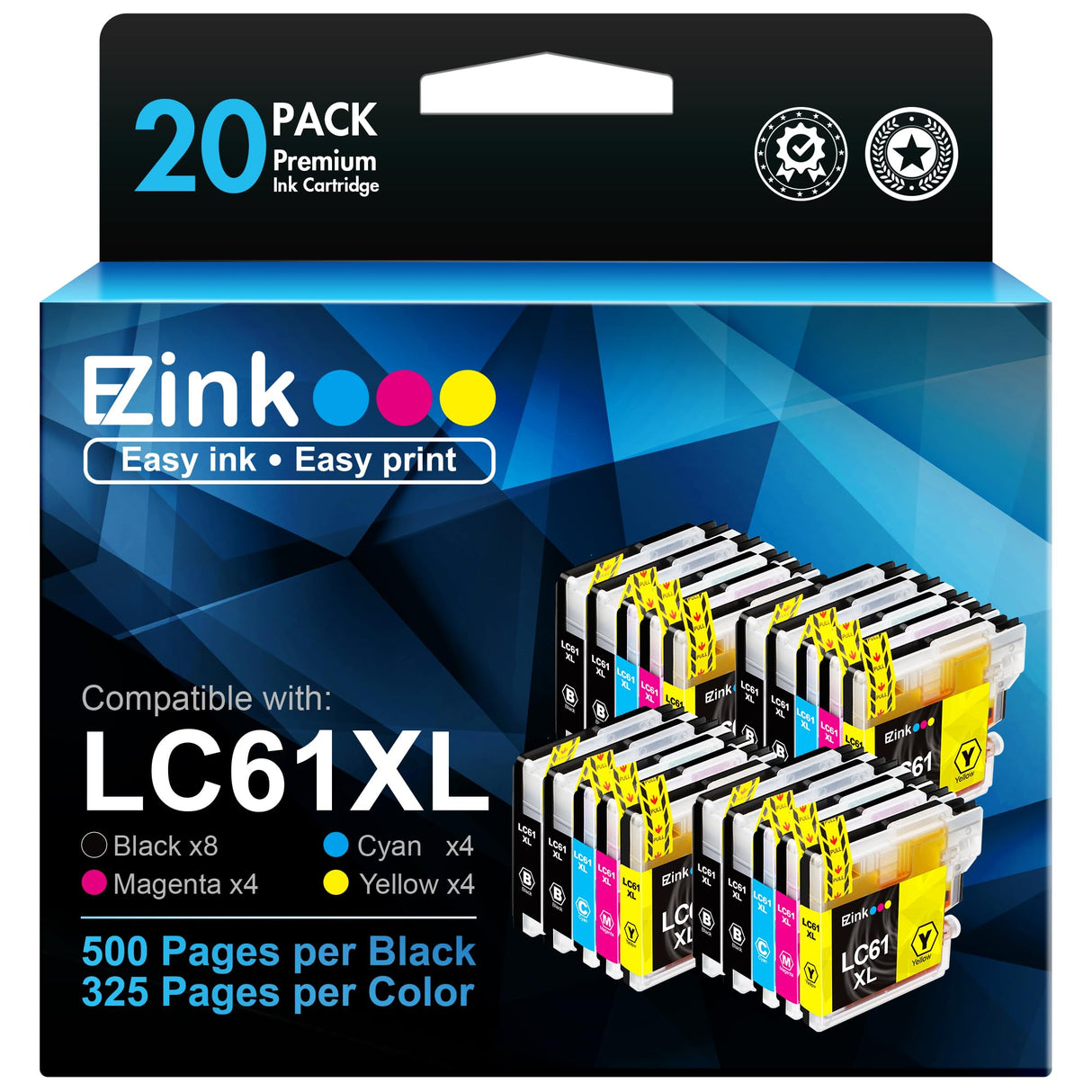 E-Z Ink Compatible Ink Cartridge Replacement for Brother LC61 LC-61 LC65 XL to use with MFC-J615W MFC-5895CW MFC-290C MFC-5490CN MFC-790CW MFC-J630W (8 Black, 4 Cyan, 4 Magenta, 4 Yellow) 20 Pack E-Z Ink