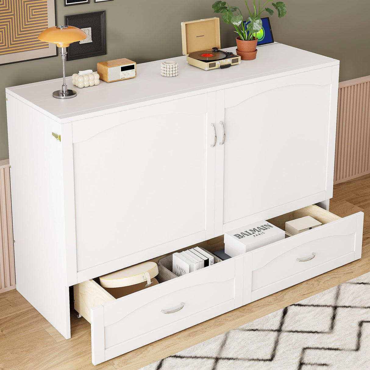 P PURLOVE Queen Murphy Bed, Modern Cabinet Bed with Drawer, A Set of Sockets and USB Ports, Wood Murphy Bed Frame for Adult, Teenager, Pulley Structure Desig (White) P PURLOVE