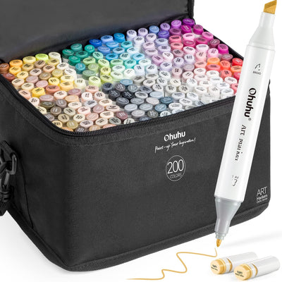 Ohuhu Alcohol Markers 200 Colors - Double Tipped Art Drawing Marker Set for Artists Adults Coloring Sketch Illustration - Chisel & Fine Dual Tip - Oahu of Ohuhu Markers - Alcohol-based Refillable Ink