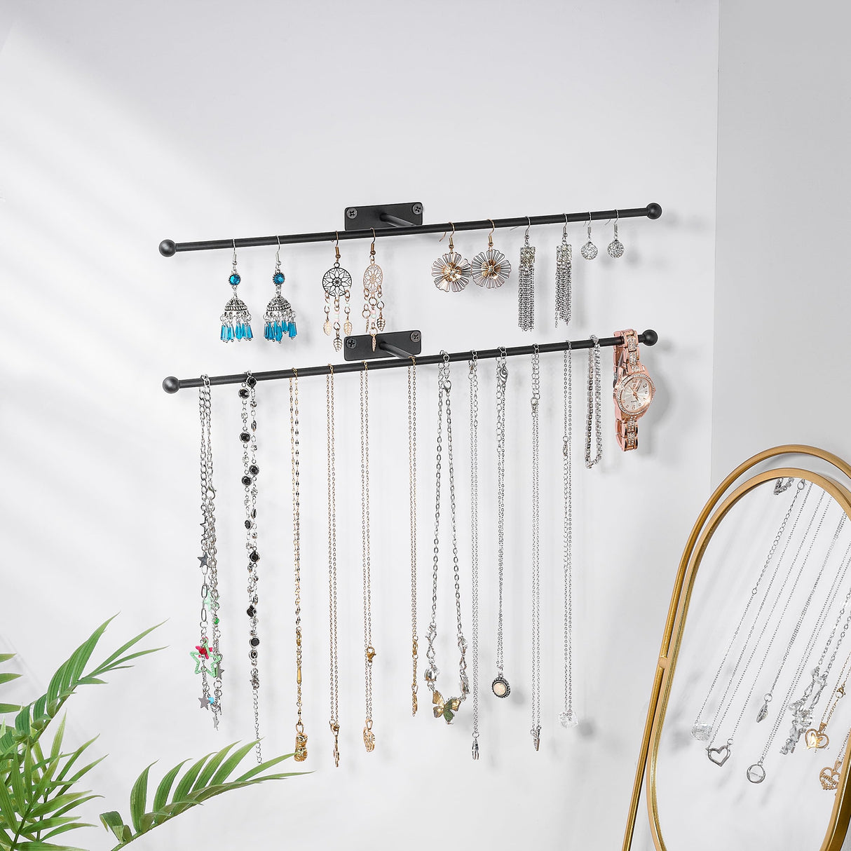 Josmimic Wall Hanging Jewelry Organizer: 12.6'' Necklace Holder for Earring, Bracelet, Rings, Hairband, Glasses, Black 2-Pack, Screws Included Josmimic