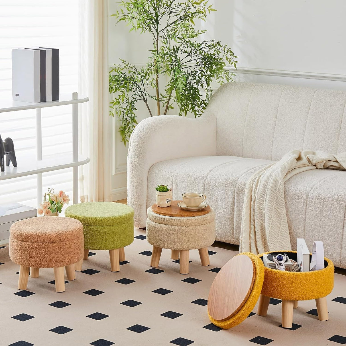 Wimarsbon Storage Ottoman, Modern Round Footrest with Soft Padded Seat, Teddy Velvet Footstool with Wood Legs, Accent Small Table or Plant Stand for Hallway, Living Room (Champagne) Wimarsbon