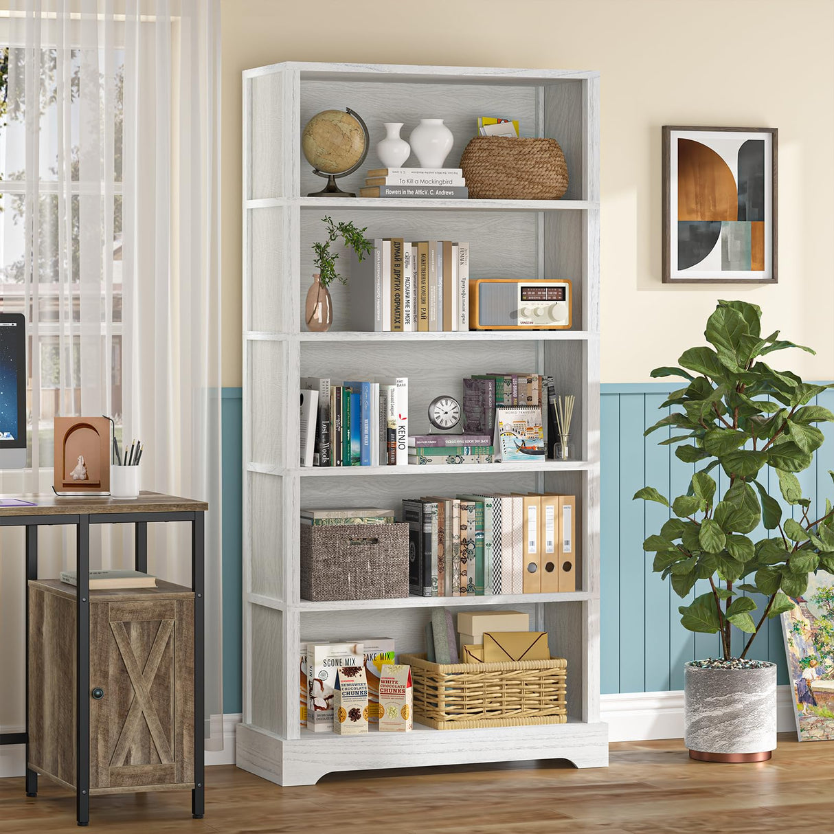 Antique White 5-Shelf Wood Bookcase - Elegant Floor Standing Storage Solution TVU