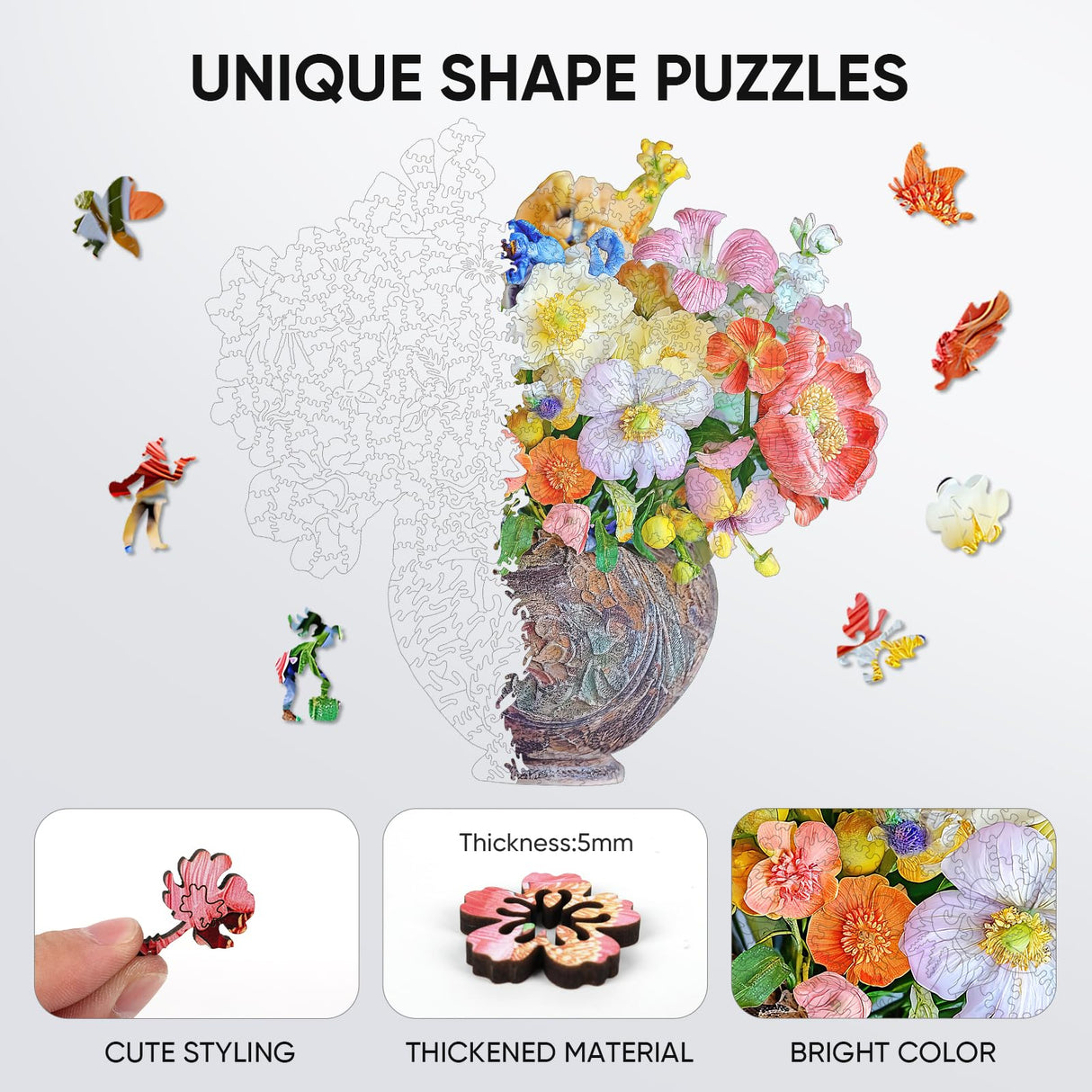 delobil Flower Wooden Puzzles for Adults, 200 Pieces Jigsaw Puzzles, Unique Shaped Medium Size Liberty Wood Puzzle Gift for Adults and Kids, Family Game 11'' x 11.3'' delobil