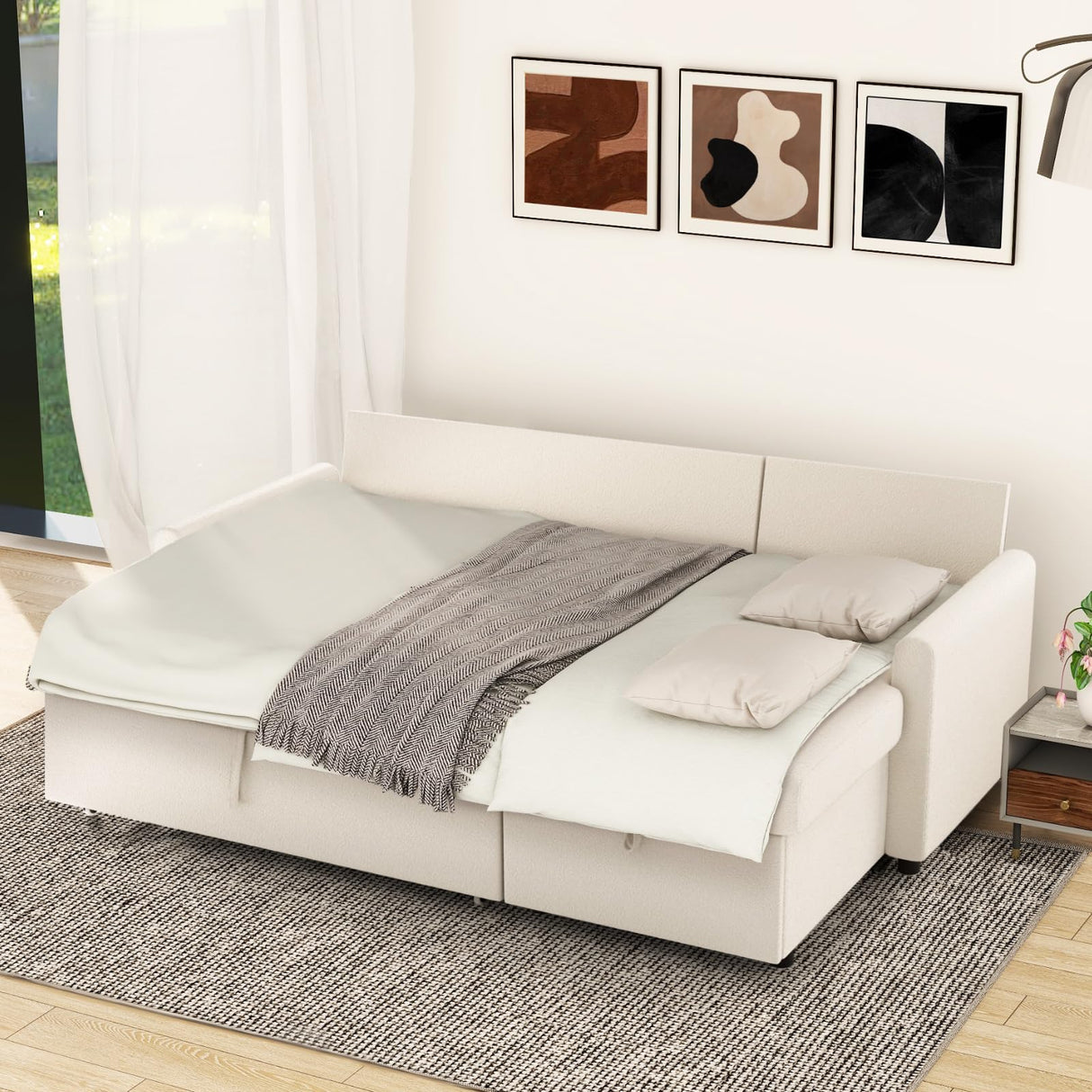 IULULU L Shaped Sectional Sofa, Convertible Sleeper Boucle Couch with Pullout Bed, Storage Chaise, 2 in 1 Pull Out Couch for Living Room, Apartment, White IULULU