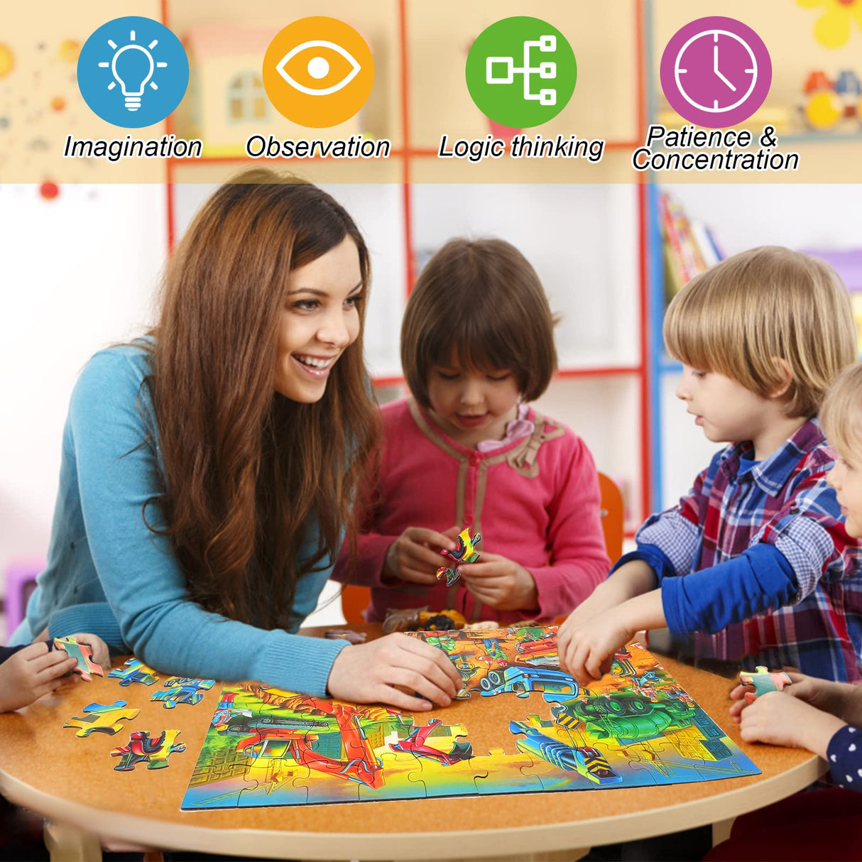 Jigsaw Puzzles for Kids Ages 3-5, 4-8, 6-8 Boys Girls - 60 Piece Construction Site - Large Piece Children Floor Jigsaw Puzzles - Science Educational Toys for 3 4 5 6 7 8 Years Old OSBOO