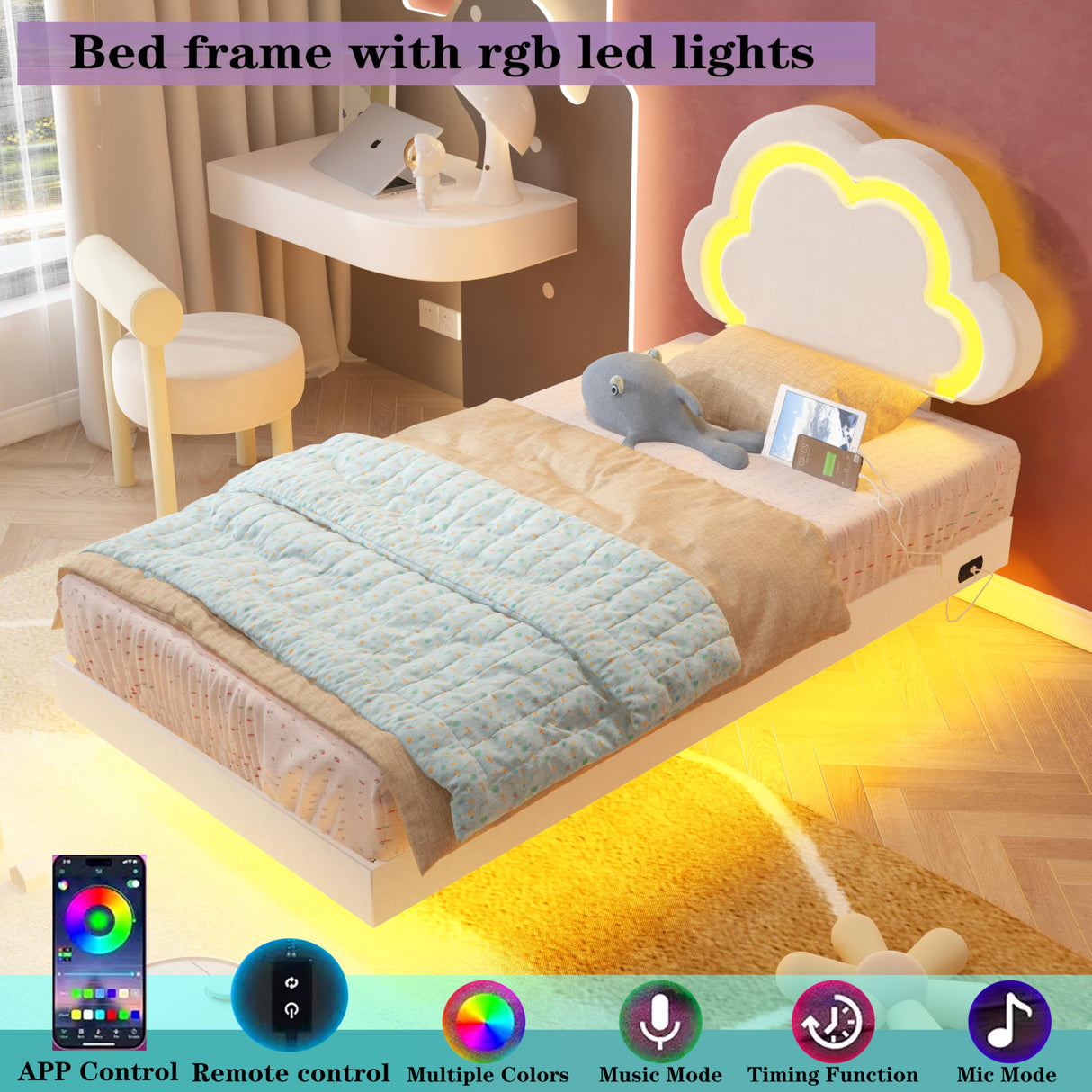 Muluflower Off-White Velvet Twin Floating Bed Frame with LED Lights and Charging Station Muluflower