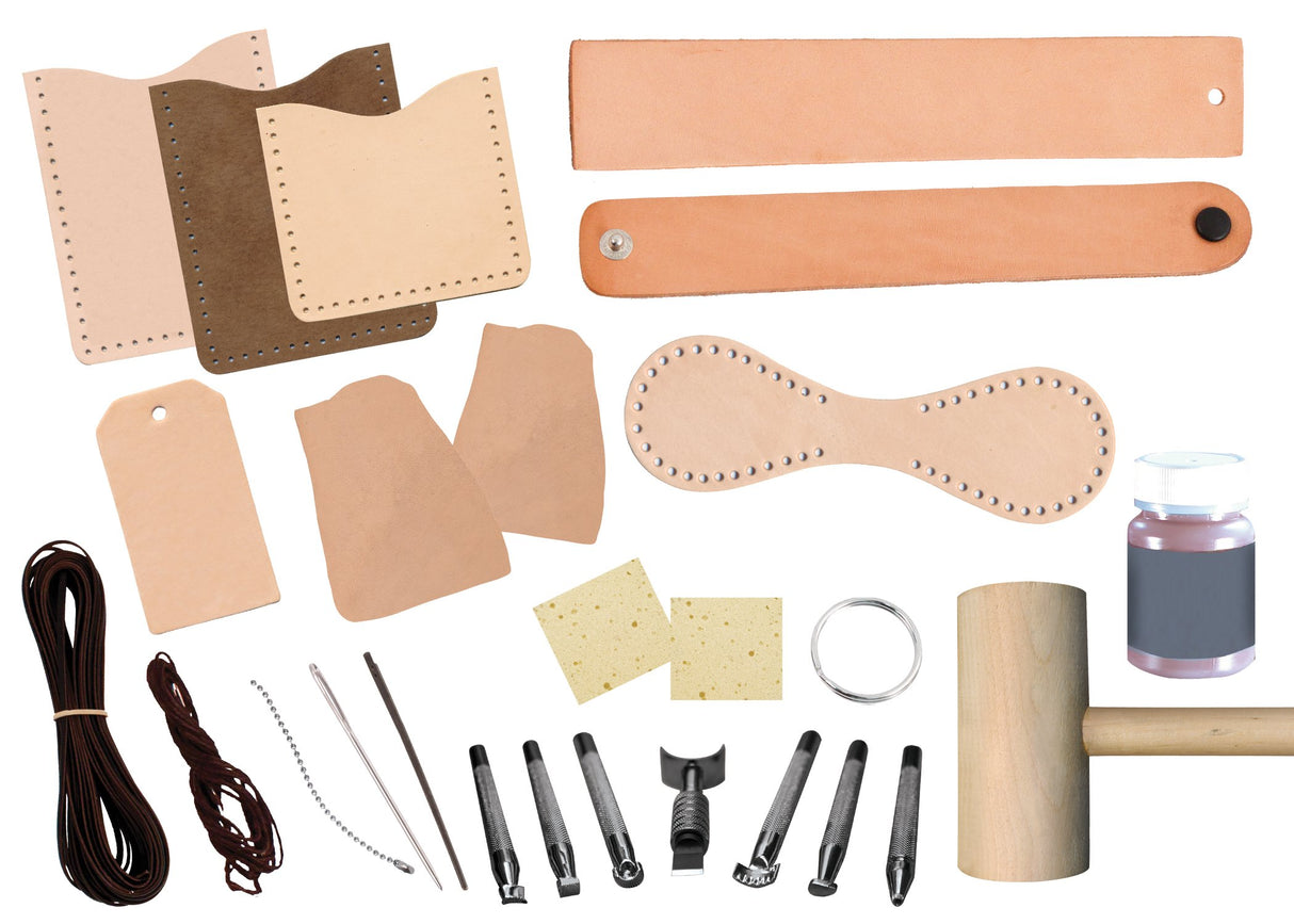 Realeather Basic Leather Craft Starter Kit - Basic Tools and Leather to Make a Key Fob, Bag Tag, Wristband, Cell Phone and Card Sleeve Realeather