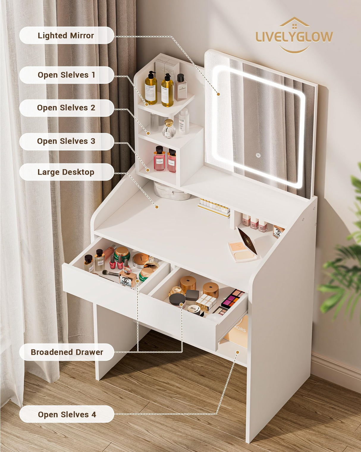 LIVELYGLOW Small Vanity Desk Set with Square Mirror and Light- Vanity Desk with Drawer- White LIVELYGLOW