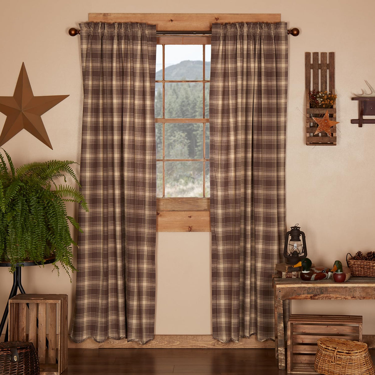 VHC Brands Rustic & Lodge Window Curtains - Dawson Star Brown Scalloped Curtain Panel Pair 84x40 VHC Brands