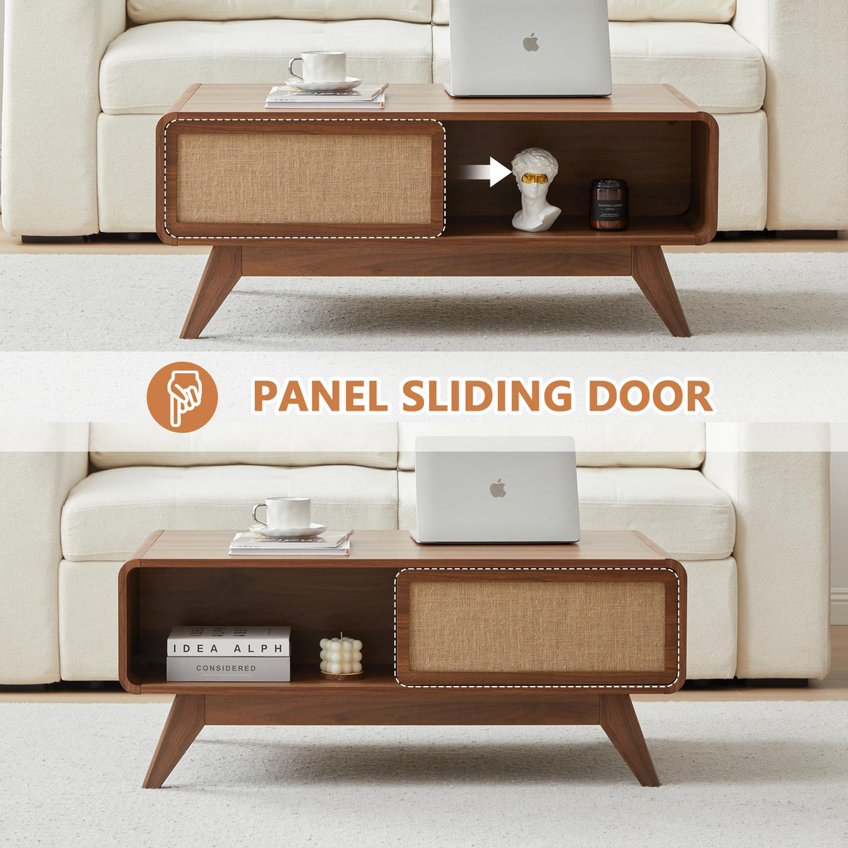 AVZEAR Mid Century Modern Coffee Table with Storage, Farmhouse Coffee Table Accent Center Tables with Sliding Linen Door Panel, Dining Table Centerpiece Decor Wood Coffee Table for Living Room, Walnut AVZEAR