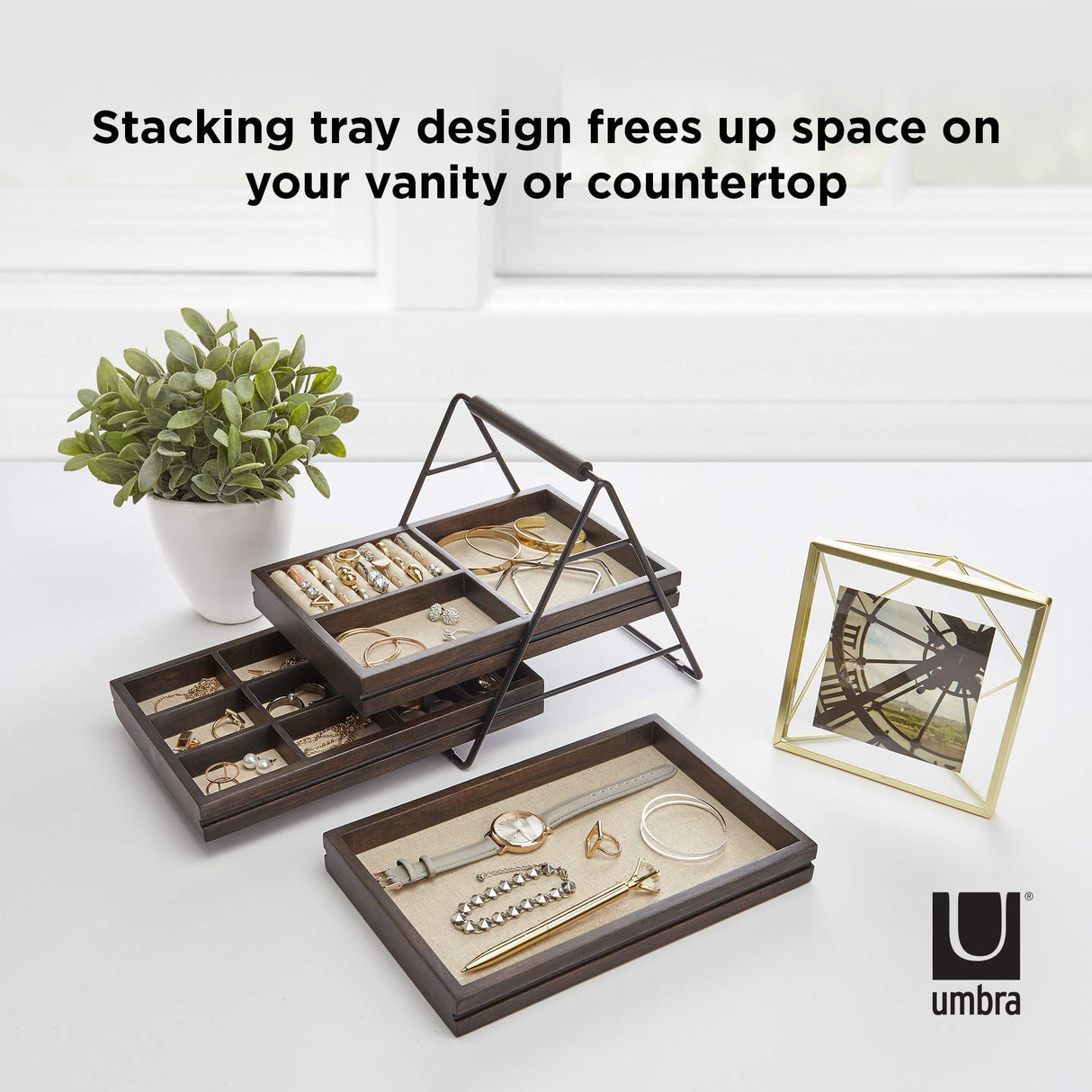 Umbra Terrace Tier Jewelry Three Sliding Linen Lined Wood Trays with Metal Frame and Handle, Easy Storage and Access, Walnut, 3 Each Umbra