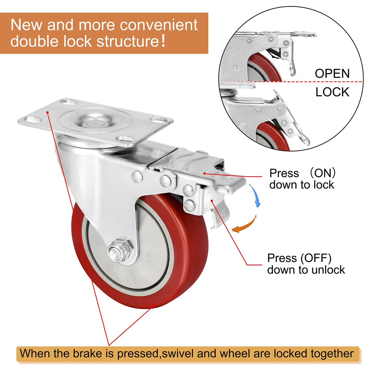 4 inch Heavy Duty Casters Load 1800lbs,Lockable Bearing Caster Wheels with Brakes,Swivel Casters for Furniture and Workbench,Set of 4 (Free Screws) Moogiitools