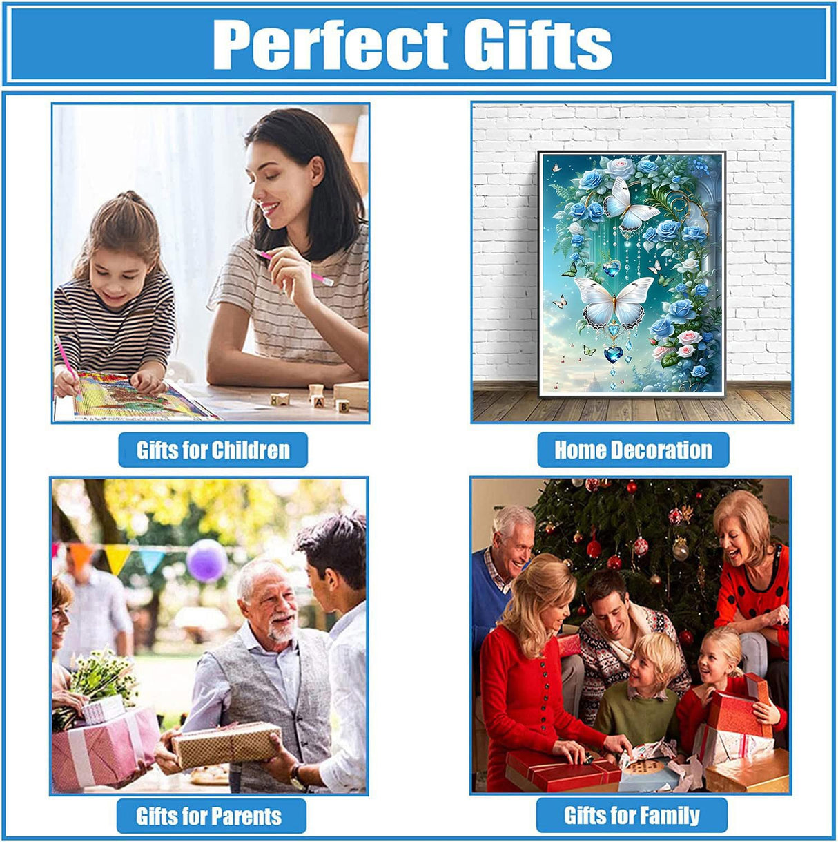 DPHERO DIY Blue Flowers Diamond Painting Kits for Beginners Adults,5D Butterfly Diamond Art Kits,Round Full Drill Fantasy Diamond Painting Art,DIY Painting by Numbers Diamond Art Painting 12x16 inch DPHERO