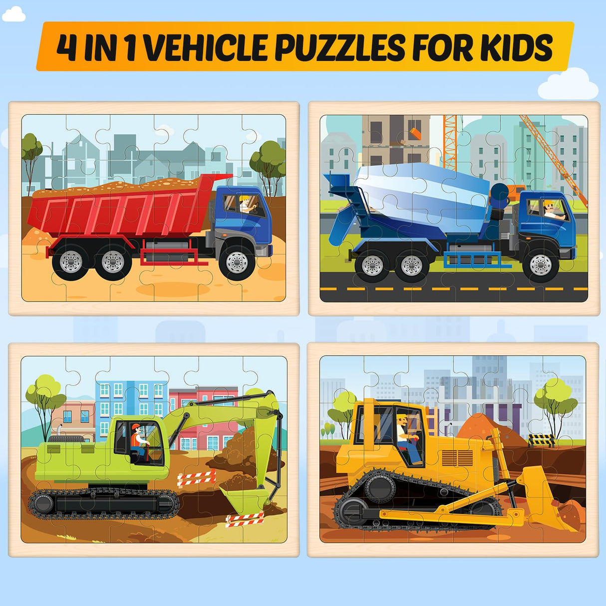 Wooden Puzzles for Kids Ages 4-6, 4 Packs 24 PCS Construction Vehicle Jigsaw Puzzles for Kids Ages 3-5, Preschool Educational Puzzles Boards Toys Gifts for Boys Girls Duchong