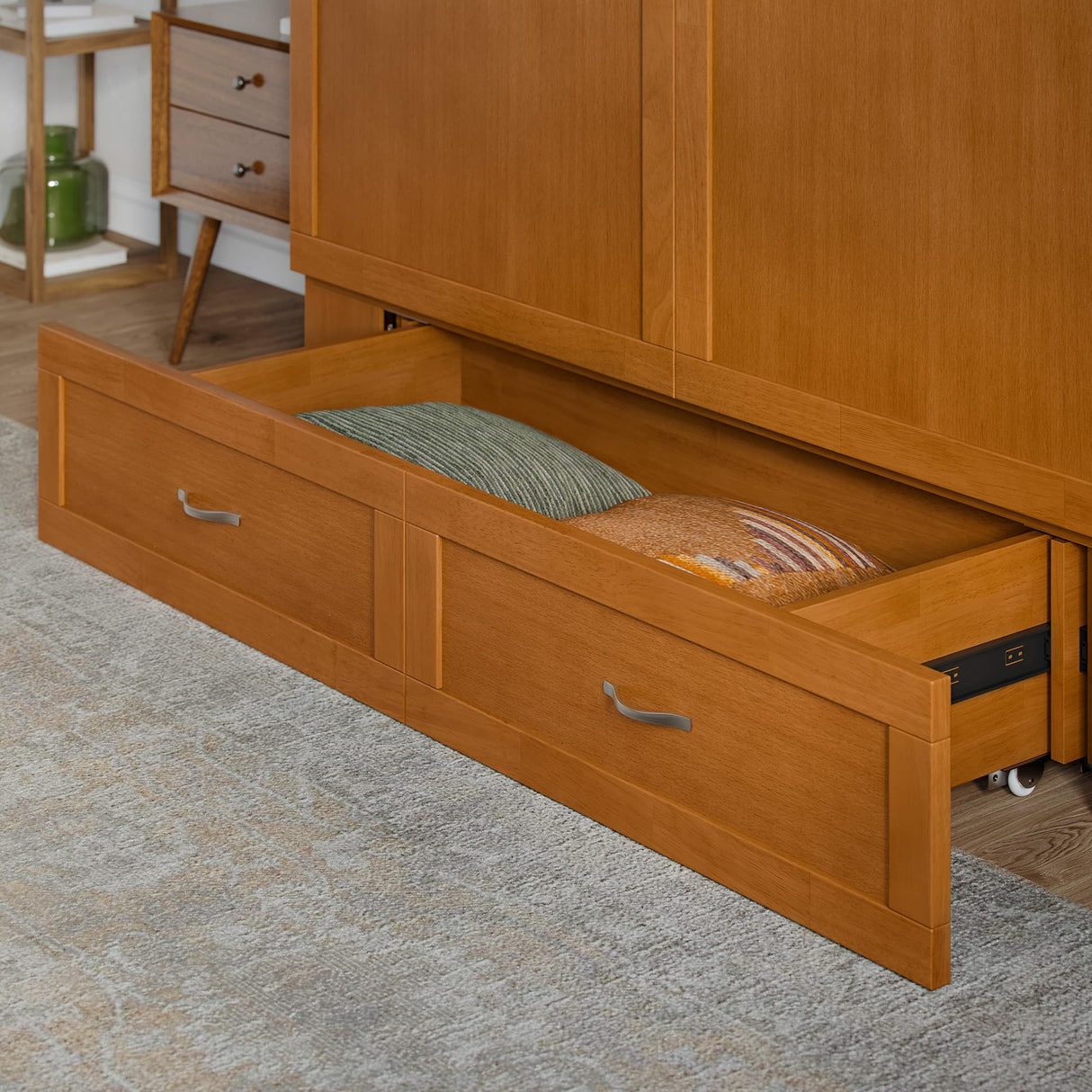 AFI Hamilton Queen Murphy Bed Chest with Mattress, Storage, and Built-in Charger in Light Toffee AFI