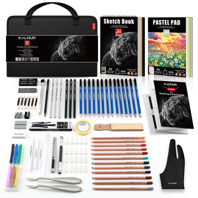 KALOUR 95-Piece Sketching and Drawing Art Set with 3-color Sketch Book and Pastel Paper – Graphite, Charcoal, and Pastel Pencils – Complete Artist Kit for Beginners and Professionals