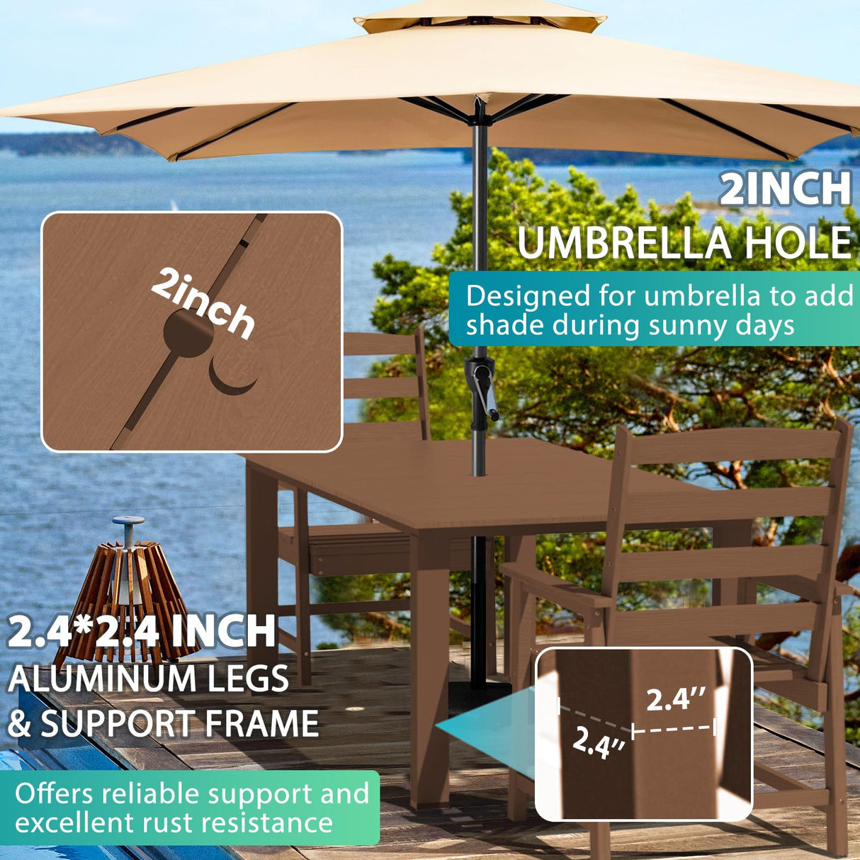 LOUNZY 9 Pieces Patio Dining Sets, Outdoor HDPE Furniture Set for 8 w/ 2" Hole Cut-Out Dining Table with 8 Patio Chairs(2 W/Armrest, 6 w/o Armrest), Brown LOUNZY