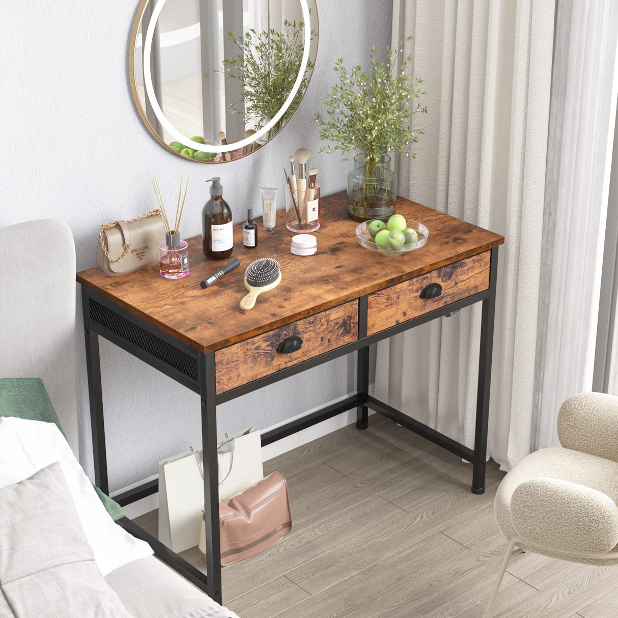 Furologee Computer Desk with 2 Fabric Drawers, Small Home Office Writing Desk, Vanity Desk with Hooks, Simple Study Desk for Small Spaces Bedroom, Furologee