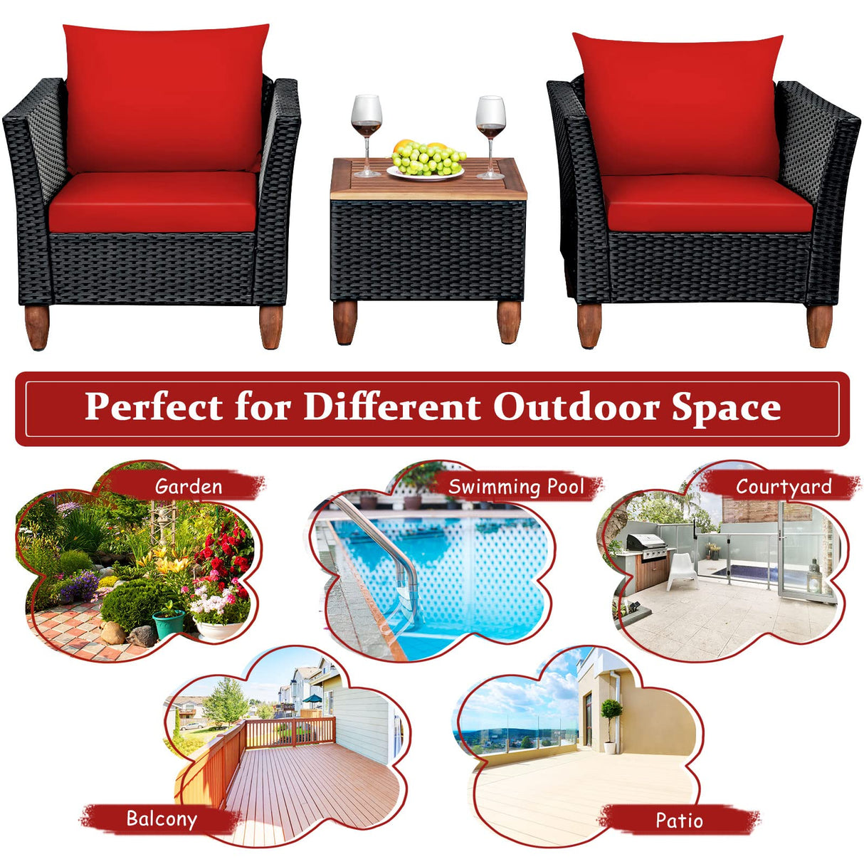 COSTWAY 3PCS Outdoor Patio Rattan Furniture Set Wooden Table Top Cushioned Sofa Red COSTWAY