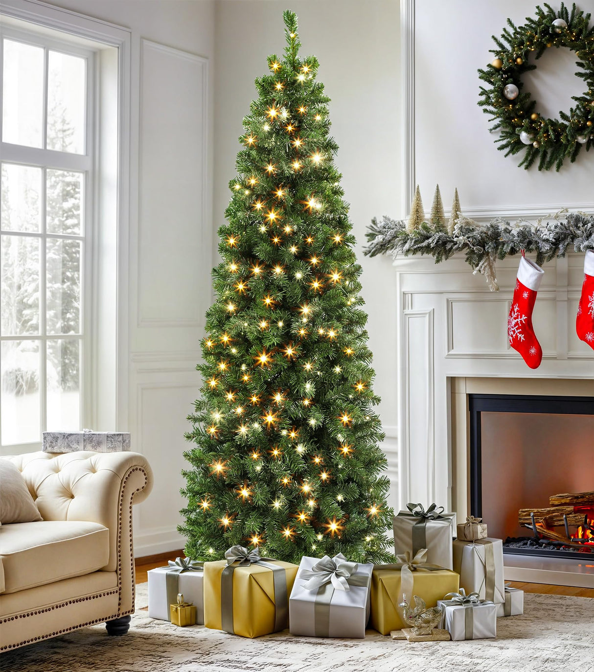 DWVO 7.5 FT Pre-Lit Slim Pencil Fraser Fir Artificial Christmas Tree with 350 Lights and 1000 Branch Tips, Green DWVO