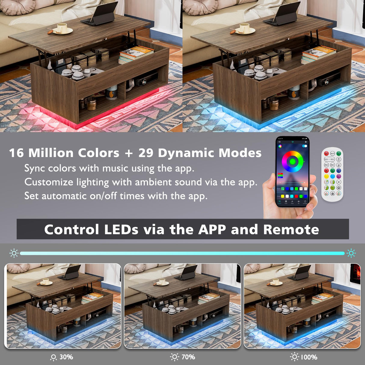 HOMMPA LED Lift Top Coffee Table and TV Stand Set of 2,Modern LED Entertainment Center with Power Outlets for up to 65" TV, Coffee Table with Hidden Compartment & 2 Open Shelve Walnut HOMMPA