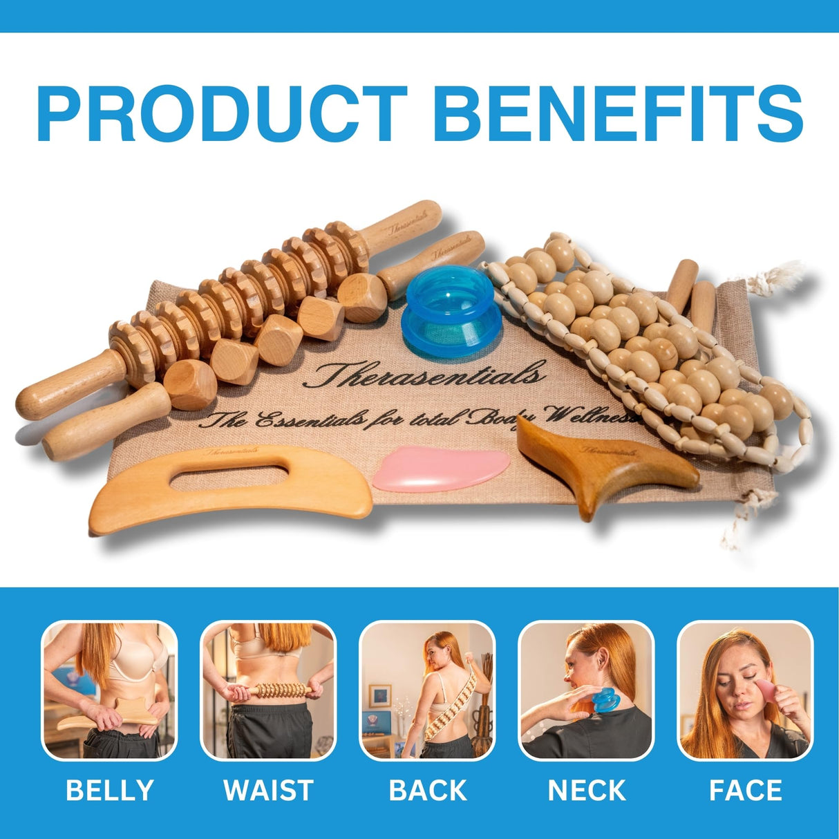 Wood Therapy Massage Tools 8-in-1, Lymphatic Drainage Massager, Maderoterapia Kit - Anti Cellulite Complete Body Sculpting Tools for Total Relaxation & Relief - Massager Tool for Anti Aging Therasentials