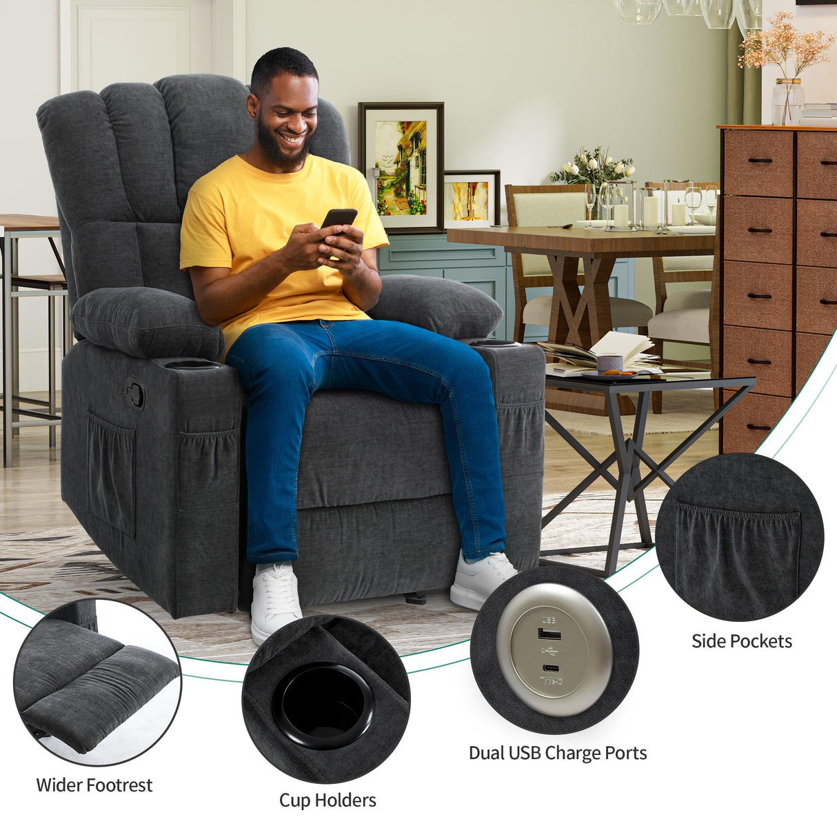 DWVO Manual Recliner Chair with Massage and Heat, Fabric Recliner Chair with Overstuffed Armrest, Rocking Recliner with 2 Cup Holders, USB Charge Port and Side Pocket for Living Room, Grey DWVO